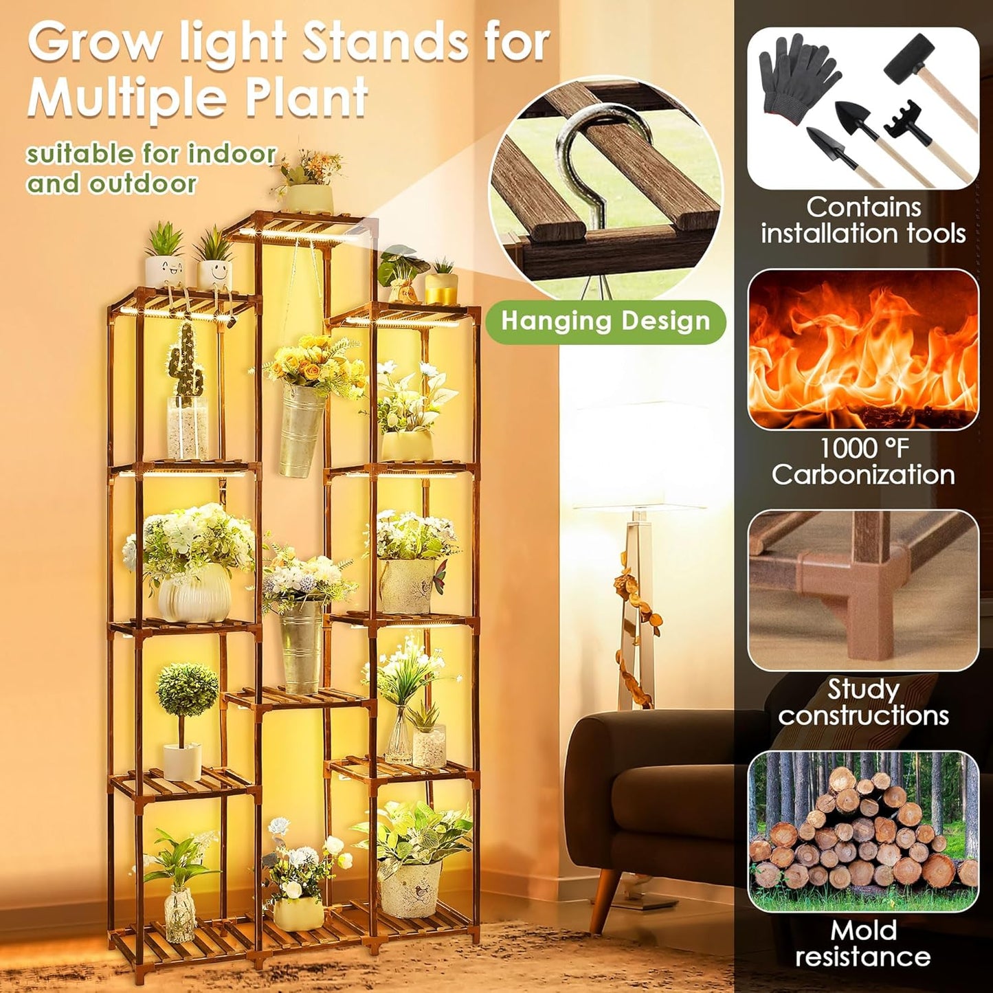 Dreyoo Plant Stand with Grow Lights, Wood Plant Shelf with Full Spectrum Grow Lamp for Indoor Corner, Vintage Multi Layer Lighted Stand for Living Room Balcony Display (13 Tiered Shape)