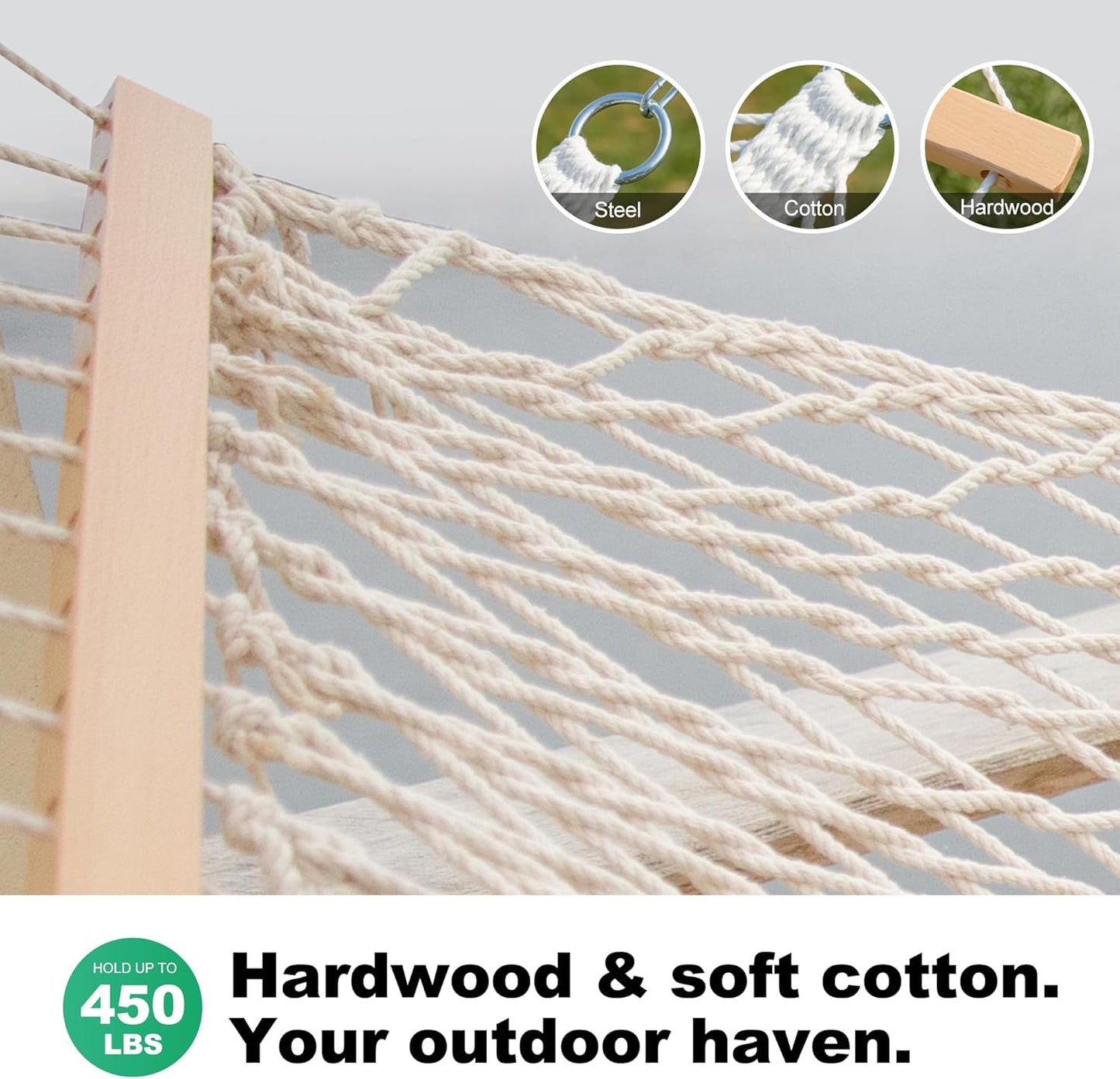 12ft Double Hammocks, Handwoven Traditional Cotton Rope Hammock with Hardwood Spreader Bar, Chains and Hooks for Indoor Outdoor, Max 450 lbs Capacity (Beige, Full)
