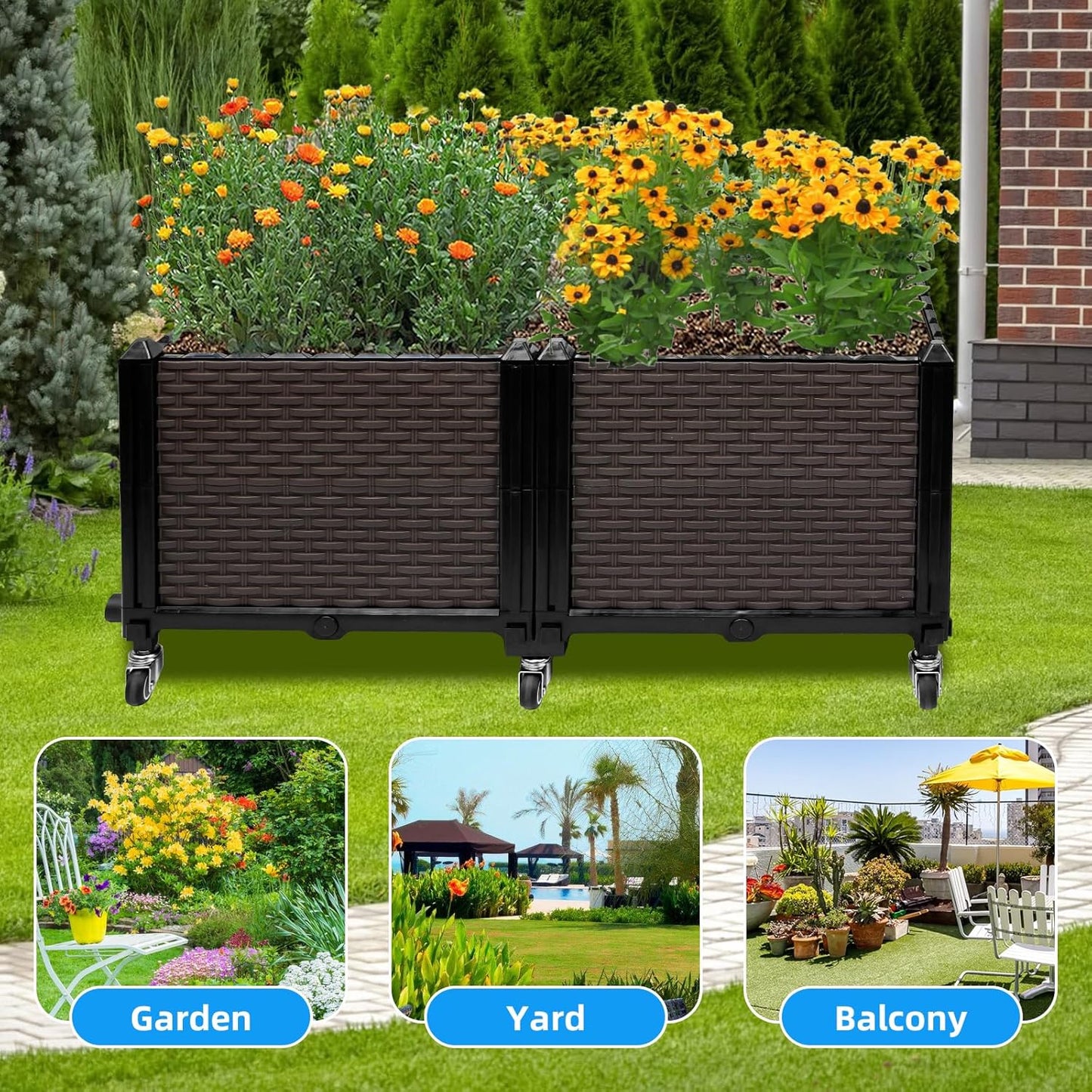 Raised Plant Box with Wheels 31.5"x15.7"x16.1", Raised Beds for Gardening Self Watering, Durable Metal Lockable Casters, Rectangular Garden Planter Perfect for Garden Patio Balcony Deck