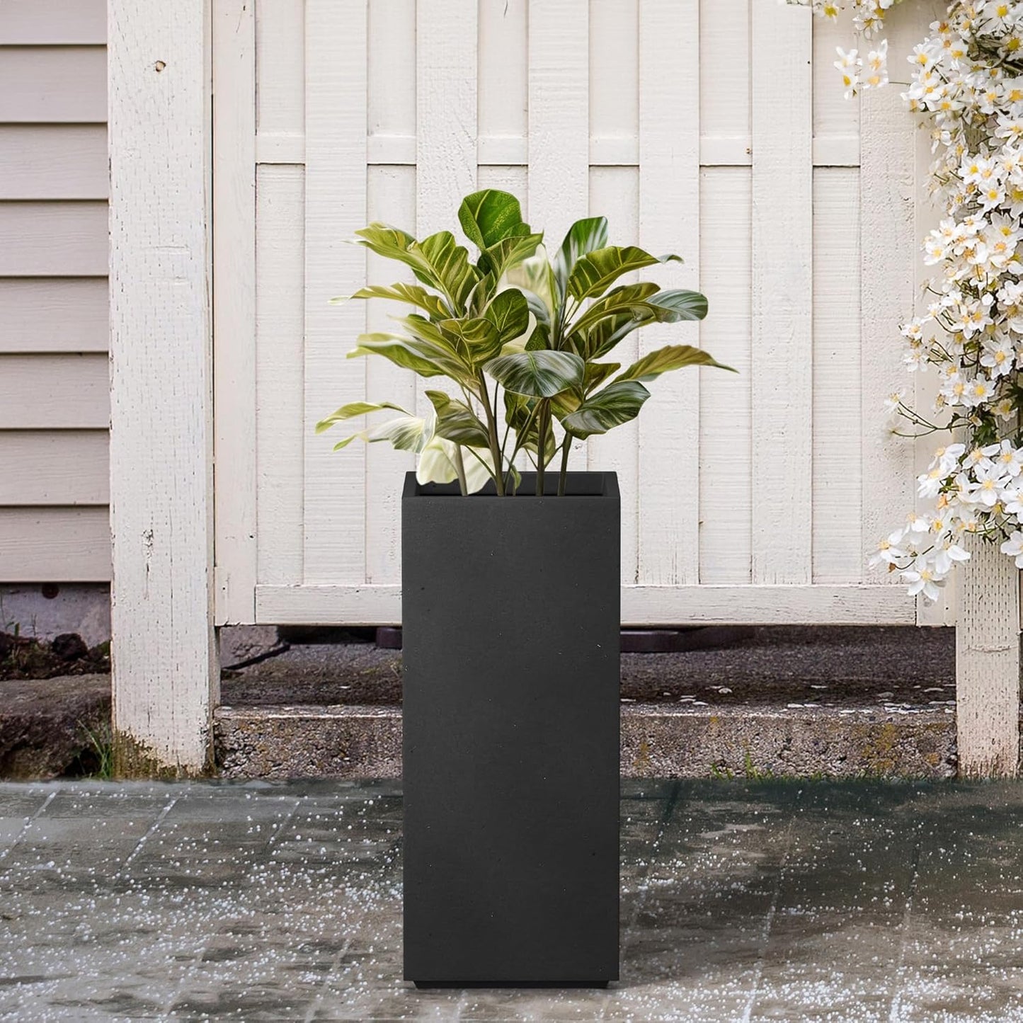Kante 20.3" H Tall Rectangular Concrete Planter, Modern Square Diameter Plant Pot with Drainage Hole and Rubber Plug for Indoor Outdoor Home Patio Garden, Black