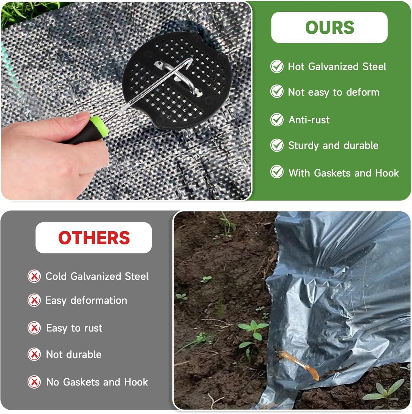 Garden Stakes,6 Inch 11 Gauge 200pcs Galvanized Landscape Staples and 200pcs Gaskets +1Pick Hook, Tent Stakes Landscaping Fabric SOD Pins for Weed Fabric Barrier,Groud Cover,Fence