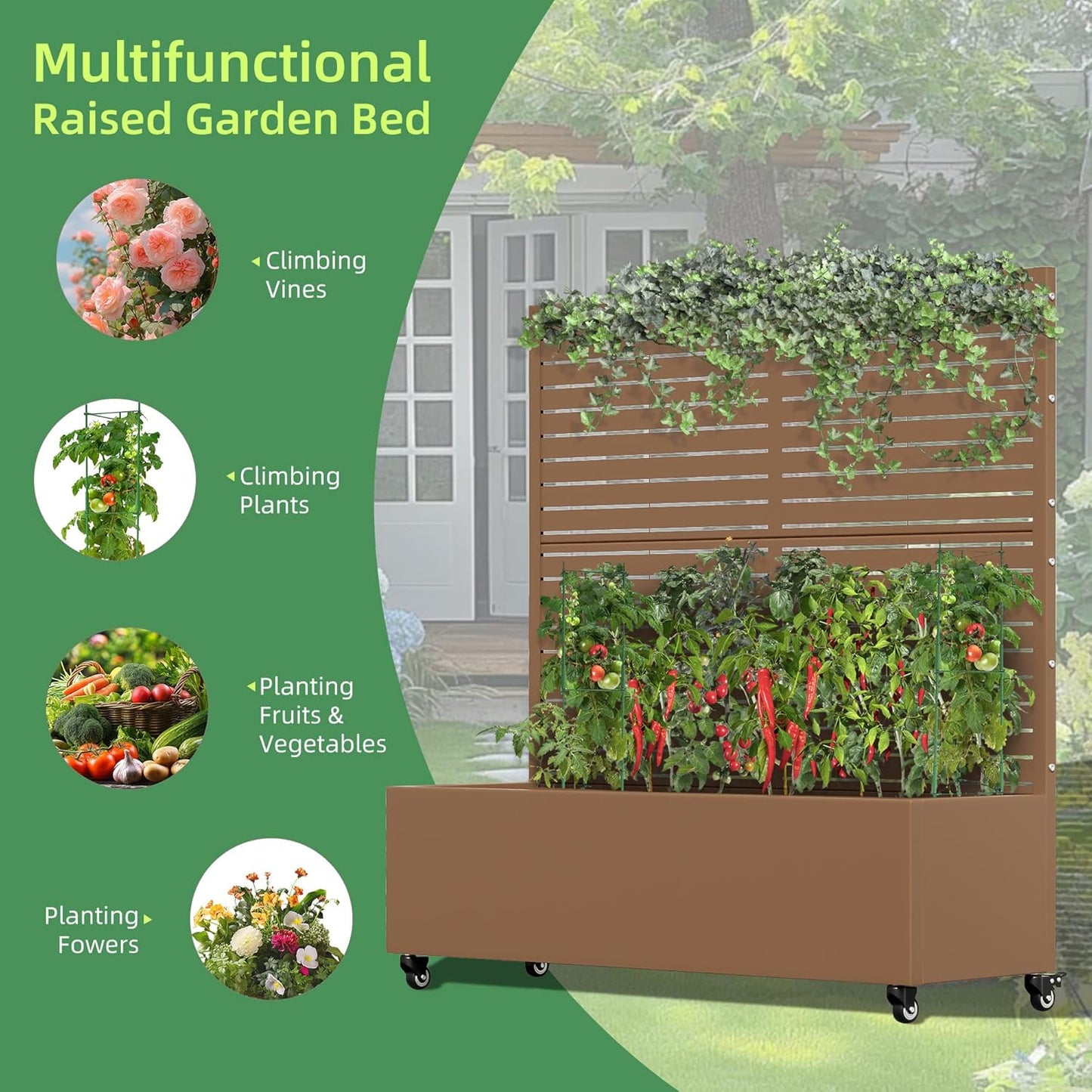 Casaphoria Metal Raised Garden Bed with Trellis and Wheels, 47"x47"x16" Planter Box for Climbing Plants, Vegetables & Vines, Features Drainage Holes and Privacy Screen (Brown-Louvered)