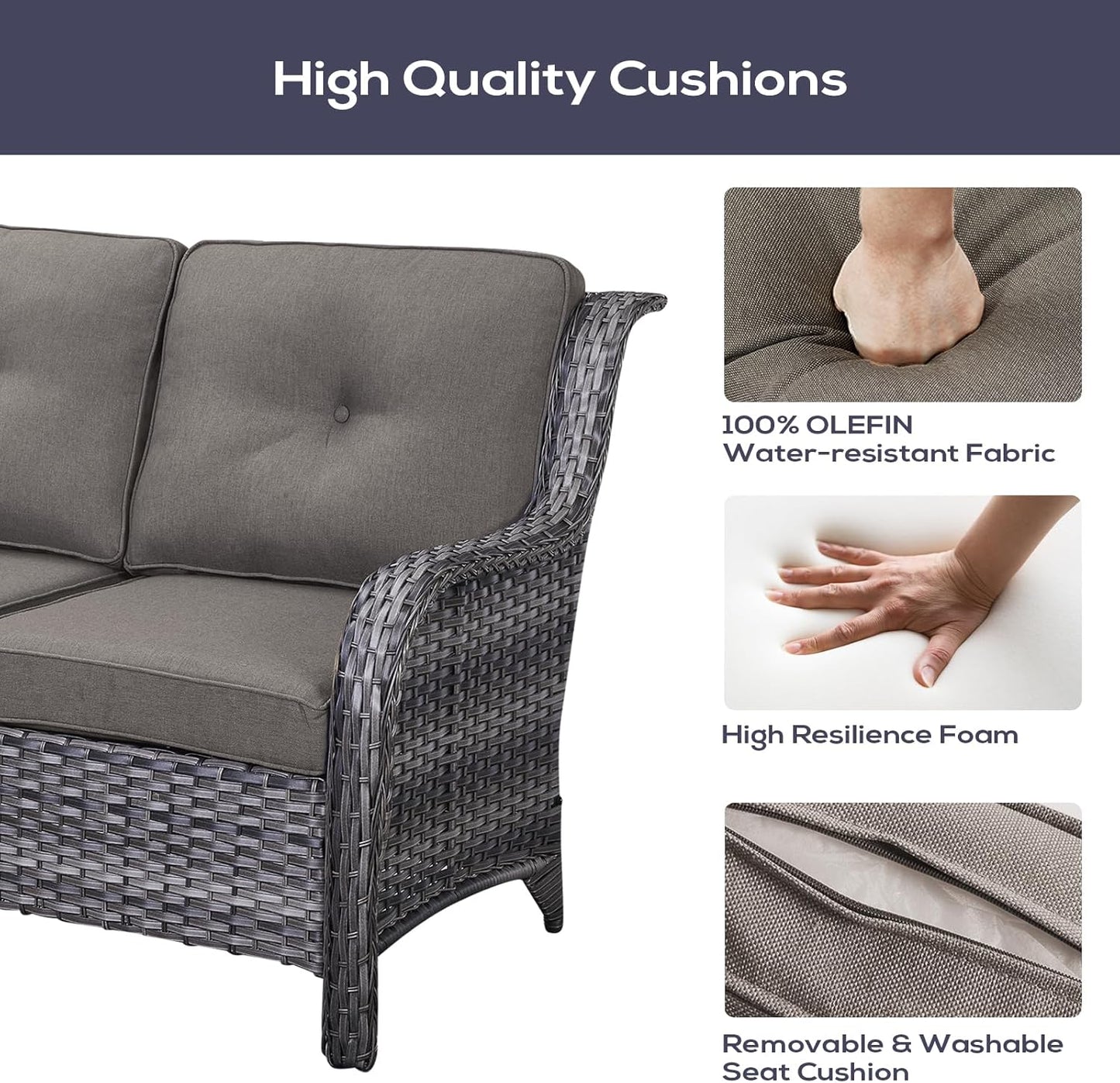 Outdoor Sectional Furniture Sofa Set with Propane Fire Pit Table, Wicker Patio Conversation Set with 2 Swivel Rocker Glider Chairs Grey Cushion Perfect for Backyard Casual Gathering