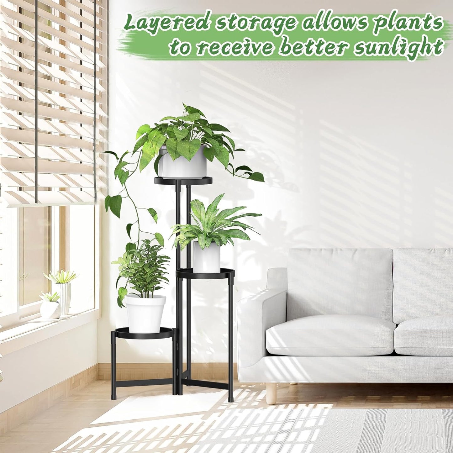 MOKANI Metal Plant Stand Indoor Outdoor for Multiple Plants, 3 Tiered Folding Corner Shelf Tall Flower Pot Holder Display Rack for Patio Living Room Balcony Garden, Black