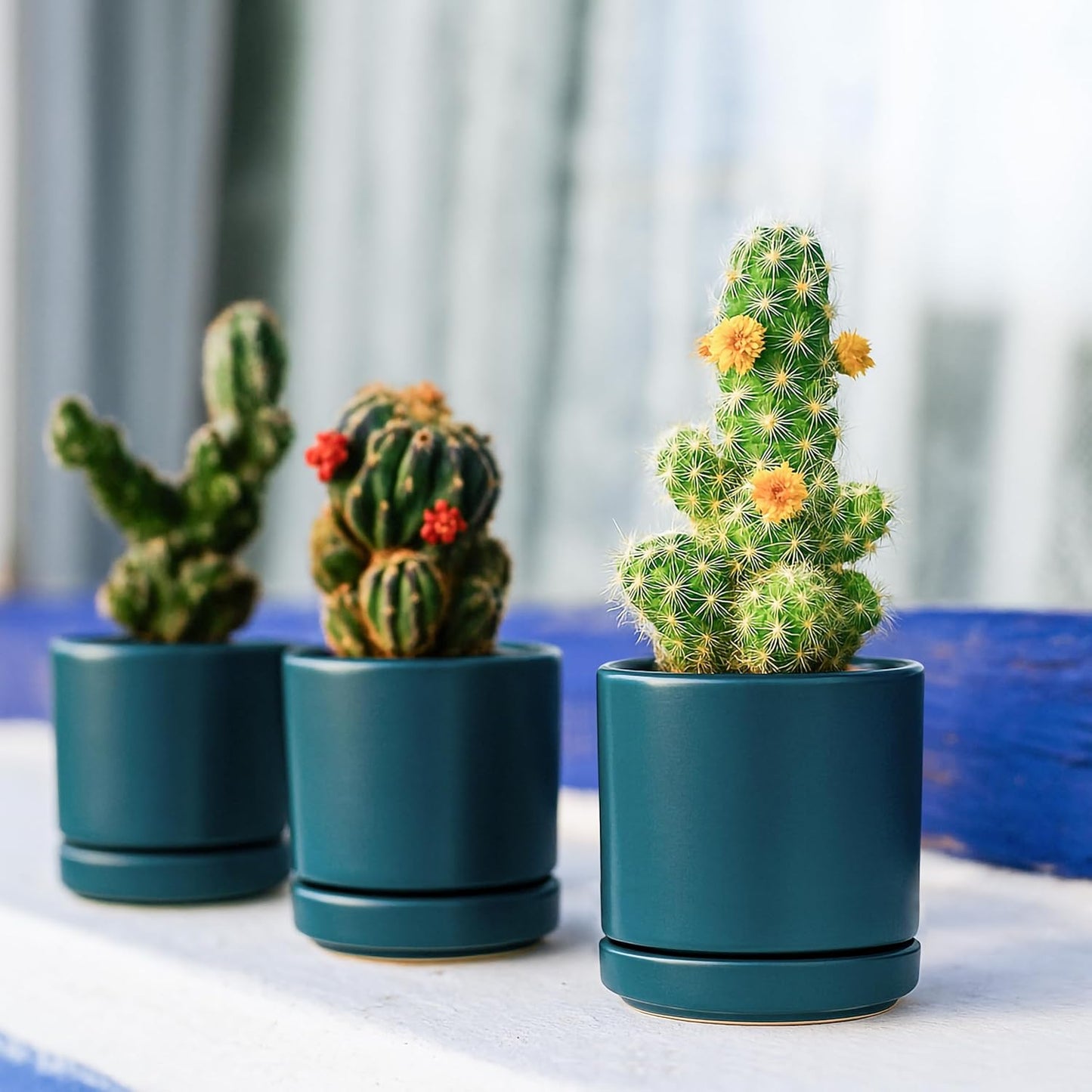D'vine Dev 3 Inch & 4 Inch & 6 Inch, Set of 3 Round Ceramic Planter Pot with Drainage Hole and Saucer, Teal, 94-T-S-9
