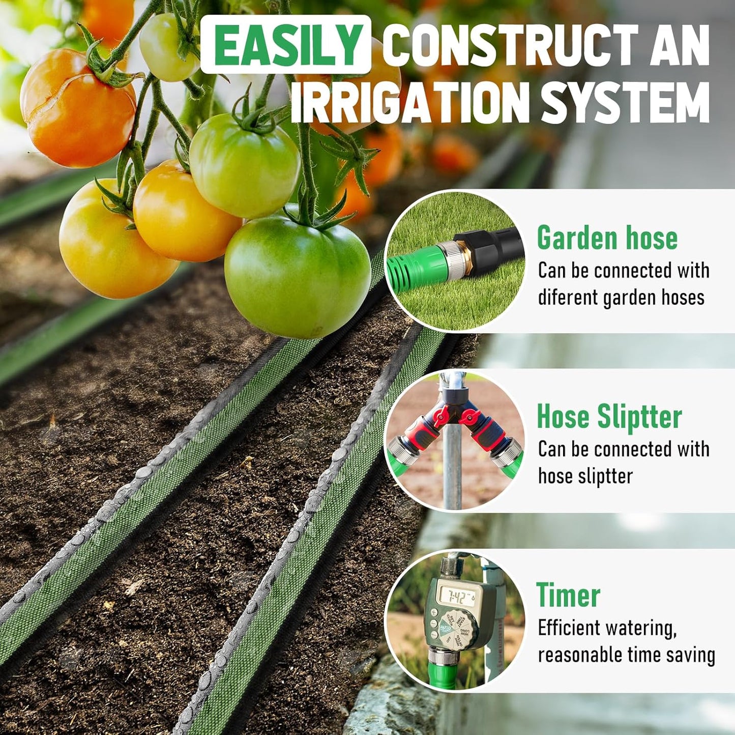 Flat Soaker Hose 15FT for Garden and Lawns, 80% Water-Saving Drip Irrigation Hose with Anodized Aluminum Ends, Flexible Leakproof Double Layer Gardening Hoses 