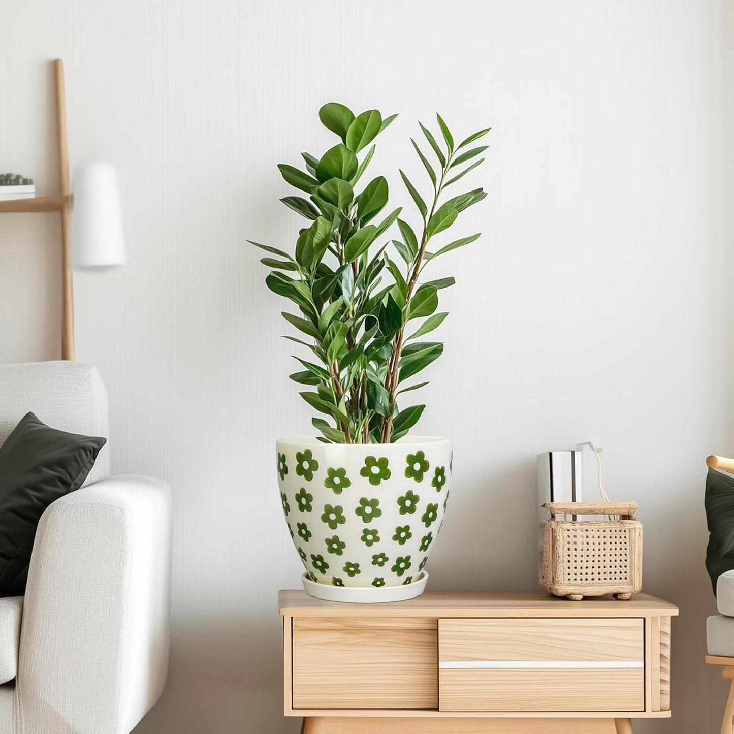 8.2 Inch Plant Pot - Ceramic Flower Pot Indoor with Drainage Hole and Saucer, Boho Round Decorative Planter for Indoor Plants, Housewarming Gifts, Office Garden Home Room Decor, White