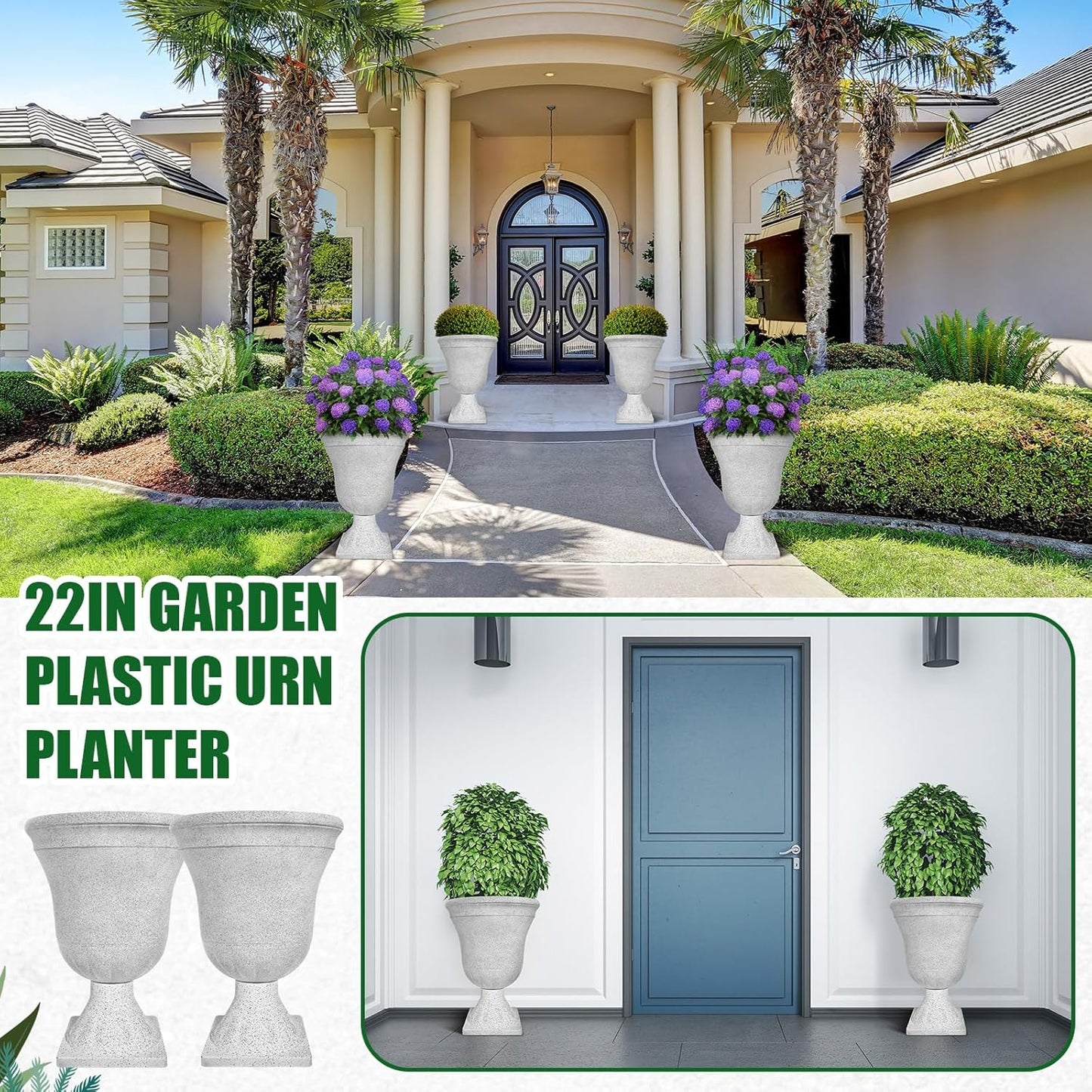 Dandat 4 Pack Large Outdoor Urn Planter 22 inch Tall Plastic Planter for Front Proch Classic Vase Decorative Garden Pot for Indoor Outdoor Door Patio Deck Decor(White)