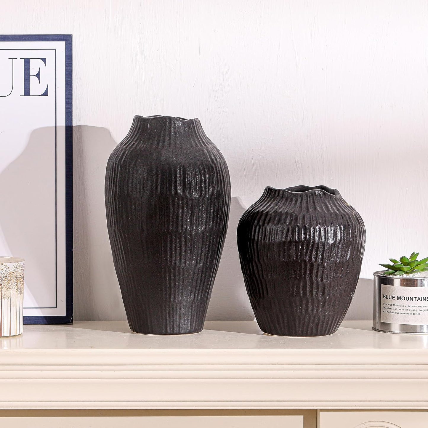 Elegant Black Ceramic Vase - Modern Minimalist Home Decor Vase, Centerpiece for Living Room, Dining Table, Office - 11.6 Inches Tall, Handcrafted Pottery for Farmhouse, Boho, Contemporary Style