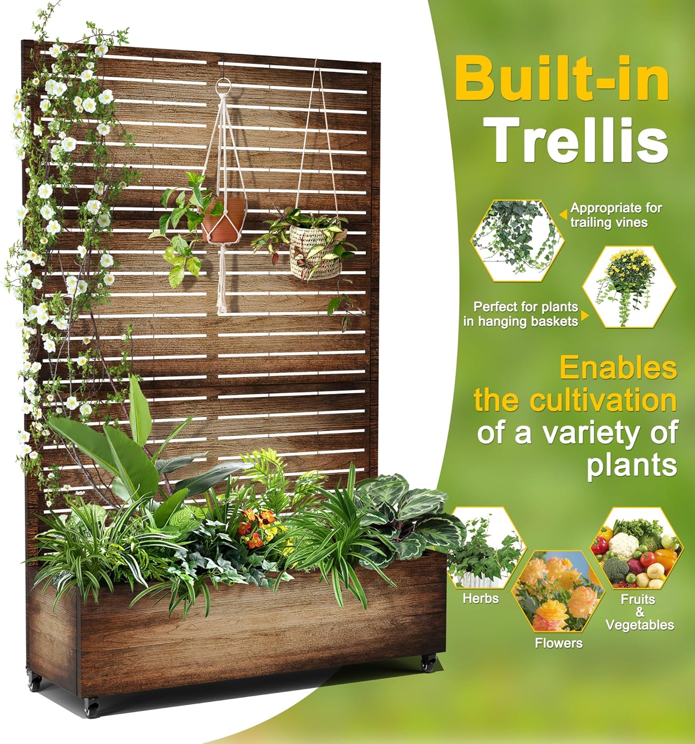 FENCY Metal Raised Garden Bed with Wheels and Trellis,73"x47"x16" Planter Box for Climbing Plants, Vegetables & Vines, Features Privacy Screen and Drainage Holes (Vintage Wood Color)