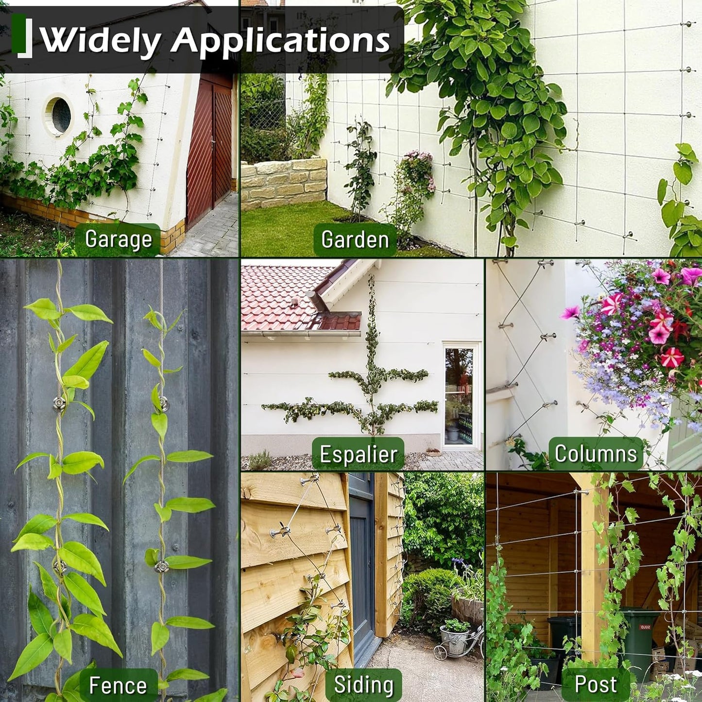 Wire Trellis for Climbing Plants Outdoor, 30-Set Wall Wire Trellis Kit with 1/8in x 150ft Stainless Steel Cable & Cutter, T316 Espalier System for Fence and Garden DIY Projects