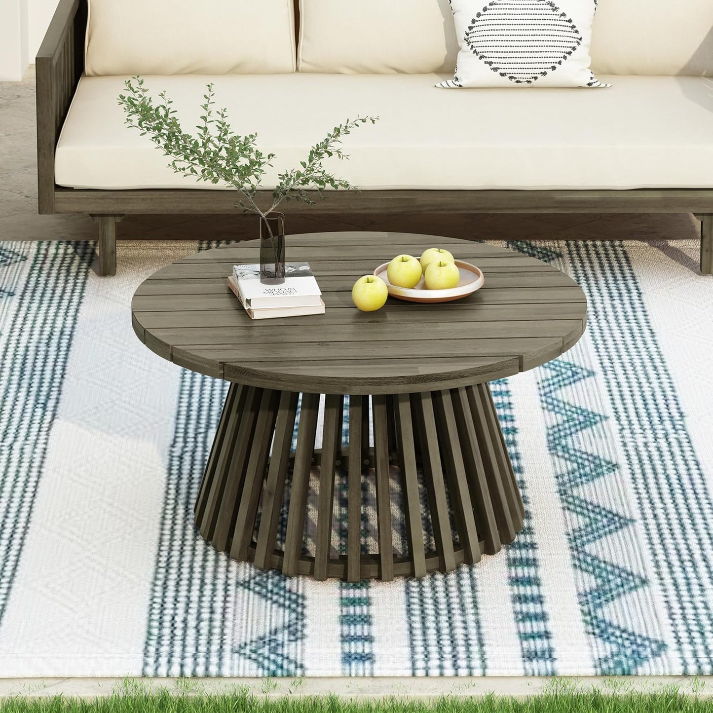 Christopher Knight Home Claremont Patio Sofa and Coffee Table Set, 2 Piece Outdoor Patio Furniture Set with Cushion, Acacia Wood 3 Seater Outdoor Sofa Daybed and Coffee Table Set, Dark Grey+Grey