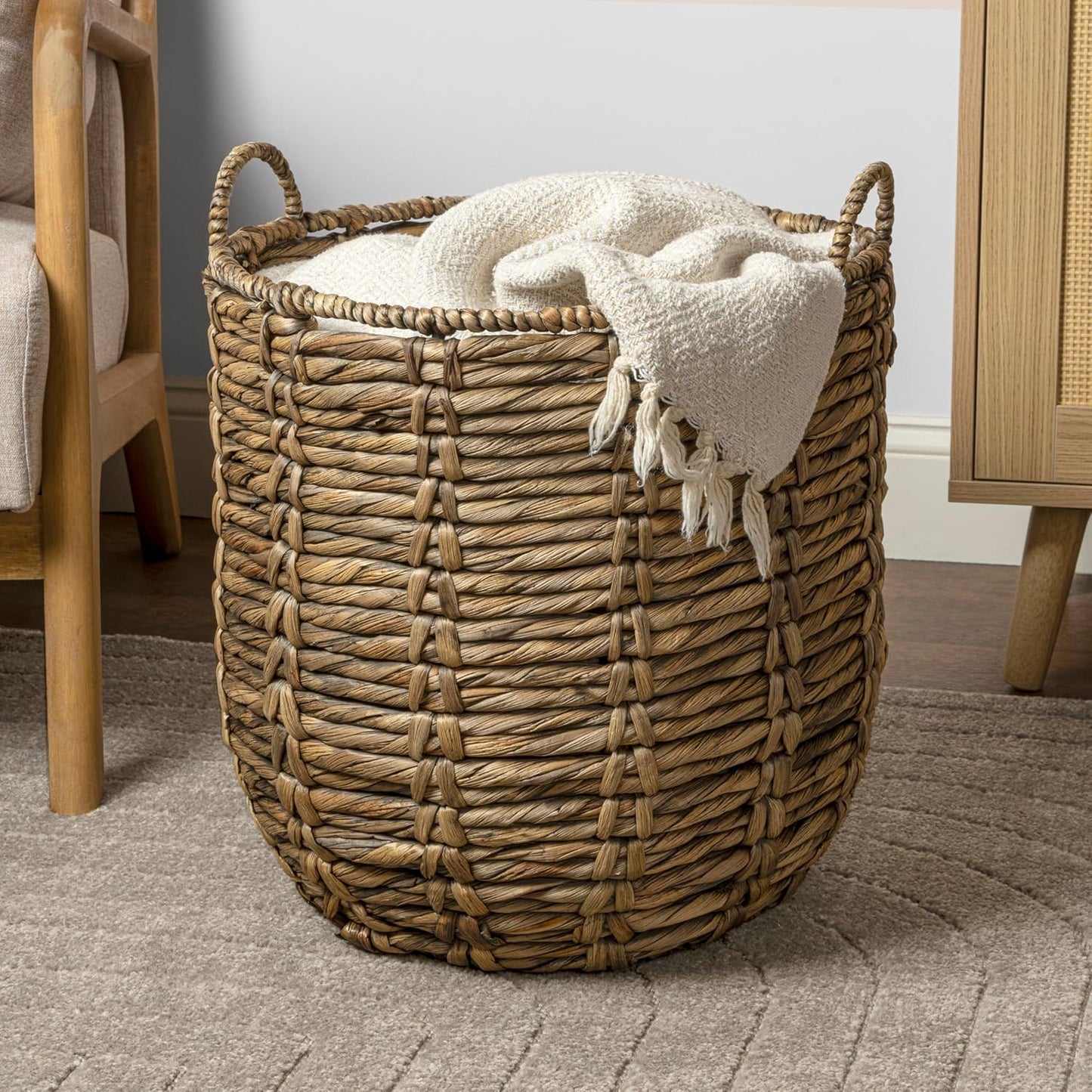 happimess BSK1003B Laurel 19.49" Bohemian Handwoven Abaca Hamper Basket with Handles, Brown for Storage and Decoration in Bathroom, Bedroom, Living Room