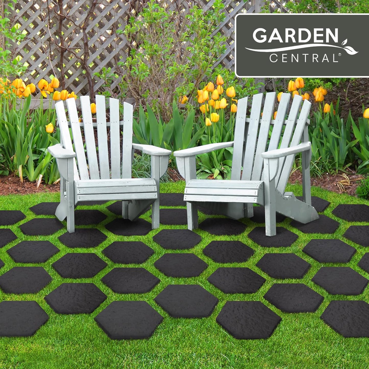 Garden Central 10-Pack 15”x13” Stomp Rubber Stepping Stones, Hexagon, Black – Reversible Non-Slip Outdoor Faux Decorative Set for Landscaping – DIY Decor for Walkways & Yard Pathways