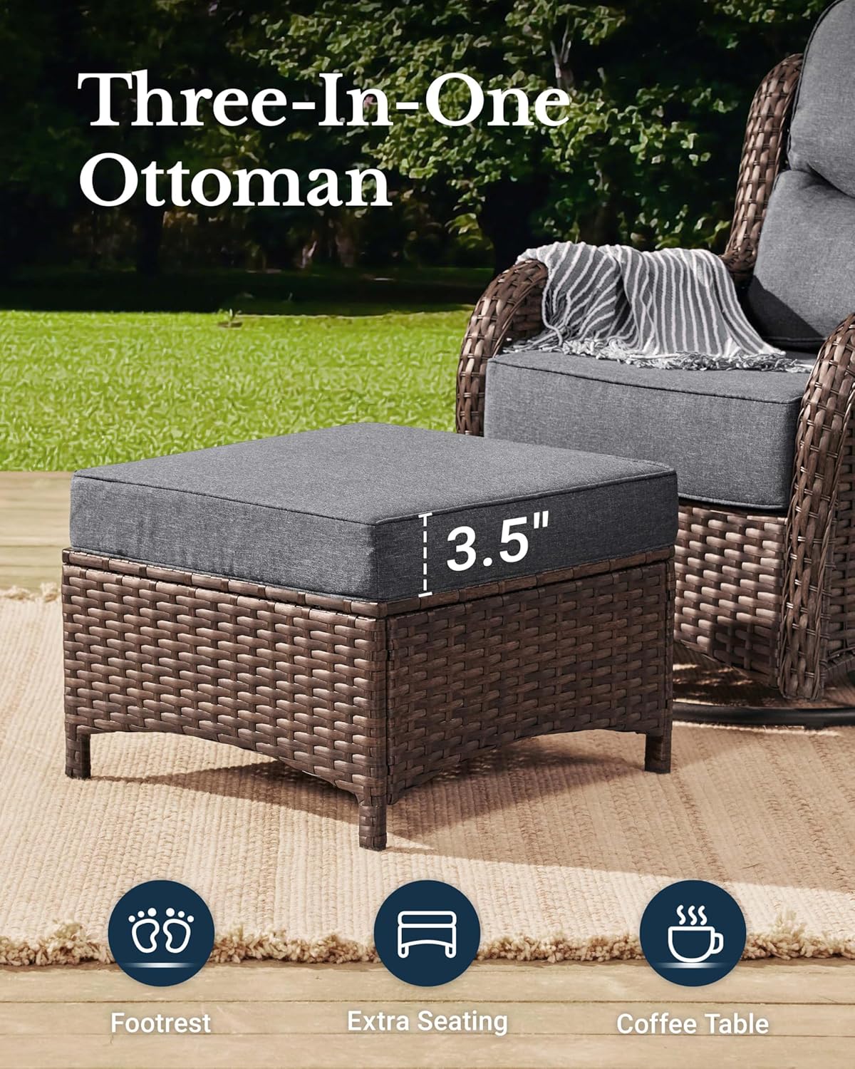 HILLGA Luxury Outdoor Swivel Rocker Patio Chairs of 2 with 6 Inch Thick Cushions and Side Table, Swivel Outdoor Chairs 5PCS High Back Wicker Patio Furniture Set for Porch, Balcony, Deck in Dark Grey