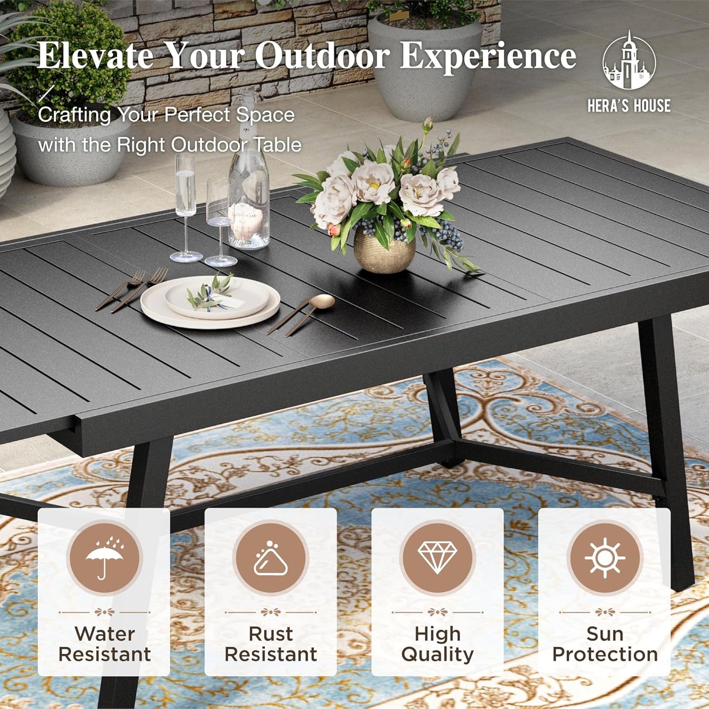 HERA'S HOUSE Extendable Patio Table and Chairs Set for 8, 9 Pieces Outdoor Dining Sets, 61"-84" Rectangular Metal Table with Chairs for Deck Lawn Garden Porch