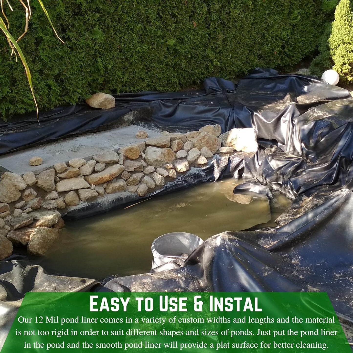 Farm Plastic Supply - 12 Mil String Reinforced Black/White Pond Liner - 12 Mil Fish Pond HDPE Liner, Pond Liners for Outdoor Ponds, Koi Ponds, Garden Fountain, Containment Liner (6' x 10')