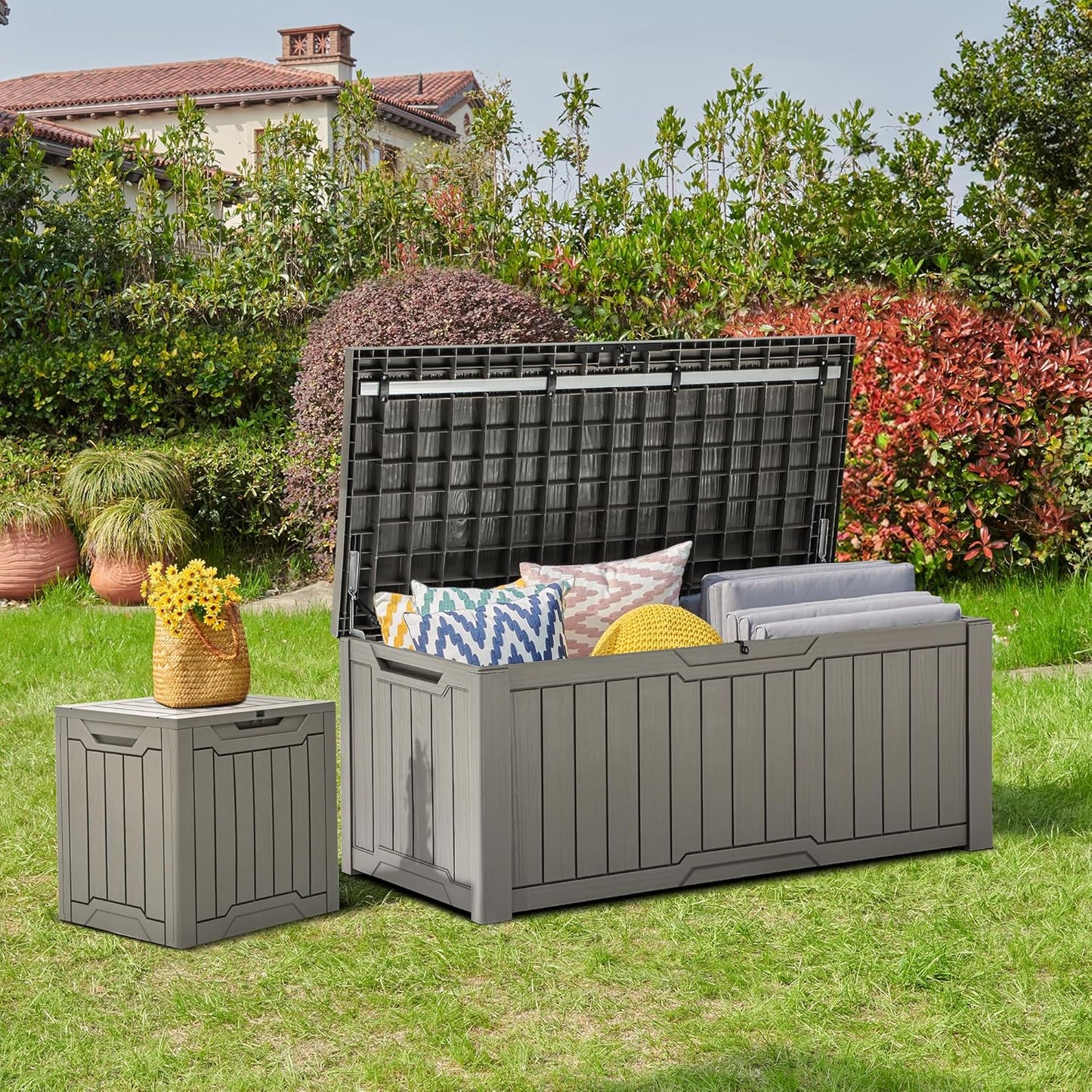 YITAHOME 120 Gallon Outdoor Storage Deck Box, Large Resin Patio Storage for Outdoor Pillows, Garden Tools and Pool Supplies, Waterproof, Lockable (Light Brown)