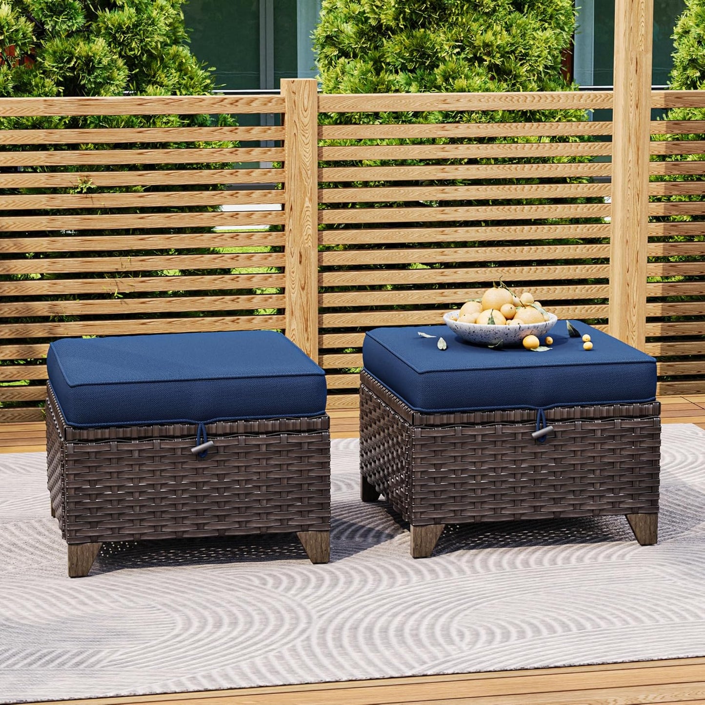 2 Pieces Patio All-Weather Wicker Ottomans with Cushions, PE Rattan Outdoor Conversation Furniture Set for Backyard, Deck, Lawn (Navy Blue)