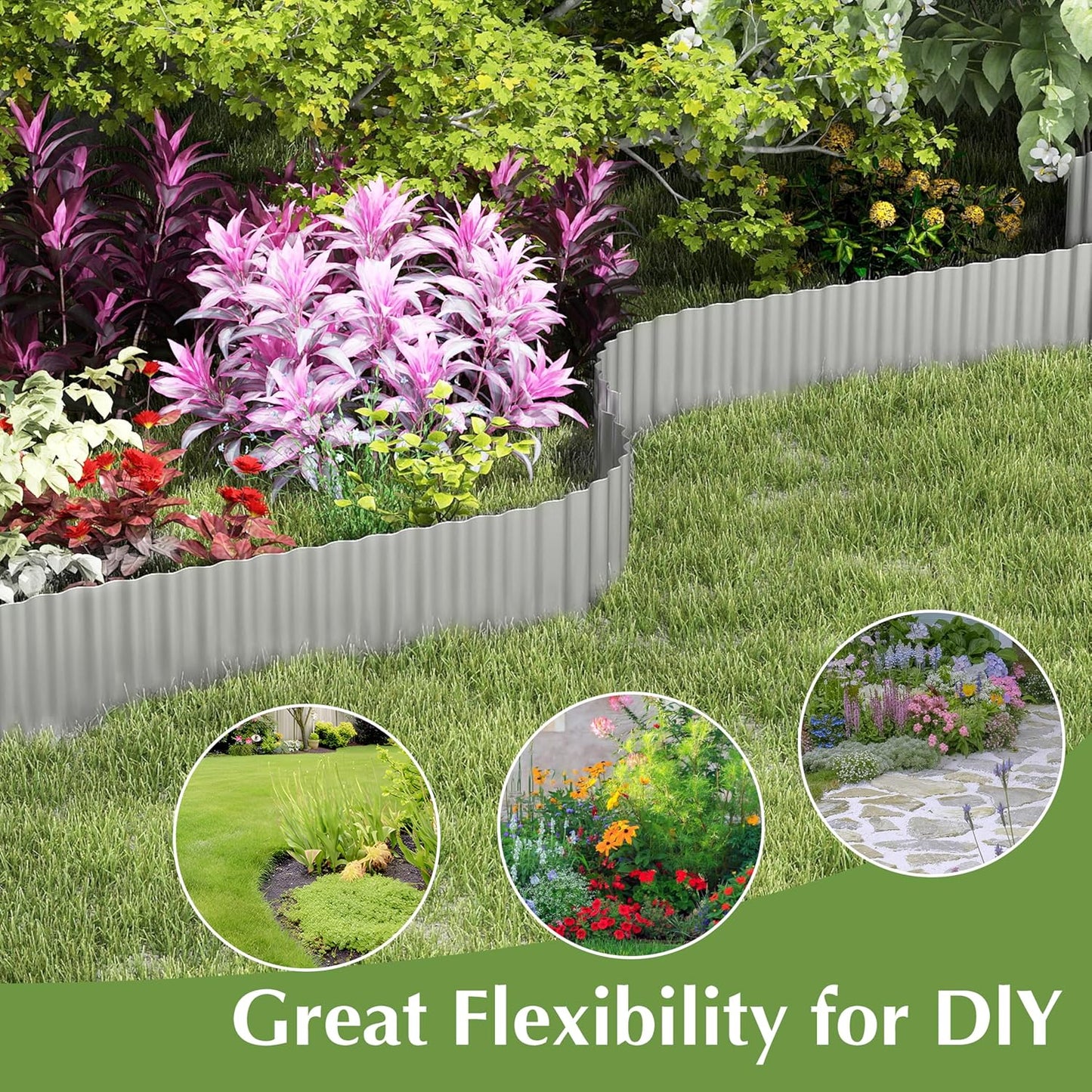 Metal Garden Edging Border, Corrugated Steel Landscaping, DIY for Lawn (Silver, 6 Inch x 20FT)