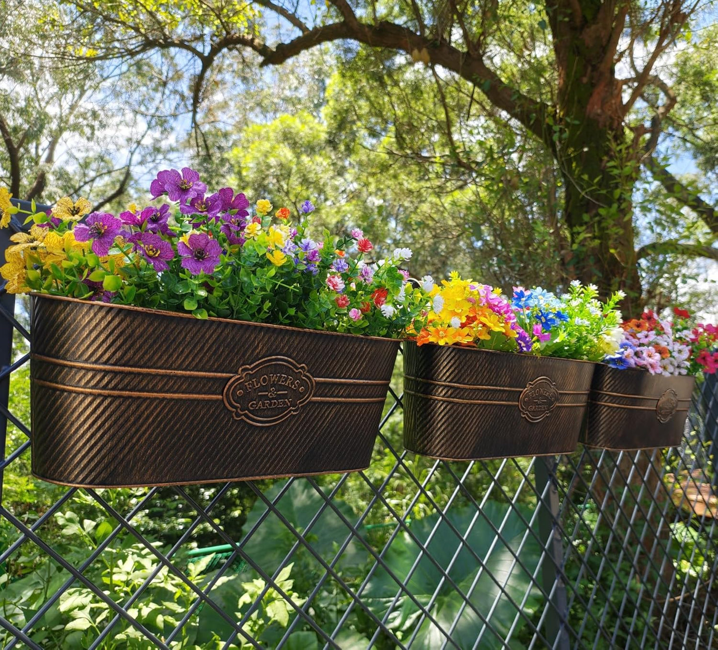 3 Pcs Large Balcony Planters Railing Hanging Flower Pots- 16.2 Inch Metal Railing Planter Box Fence Planters for Outdoor Plants with Detachable Hooks and Drain Holes for Garden Decor (Retro-3pcs)