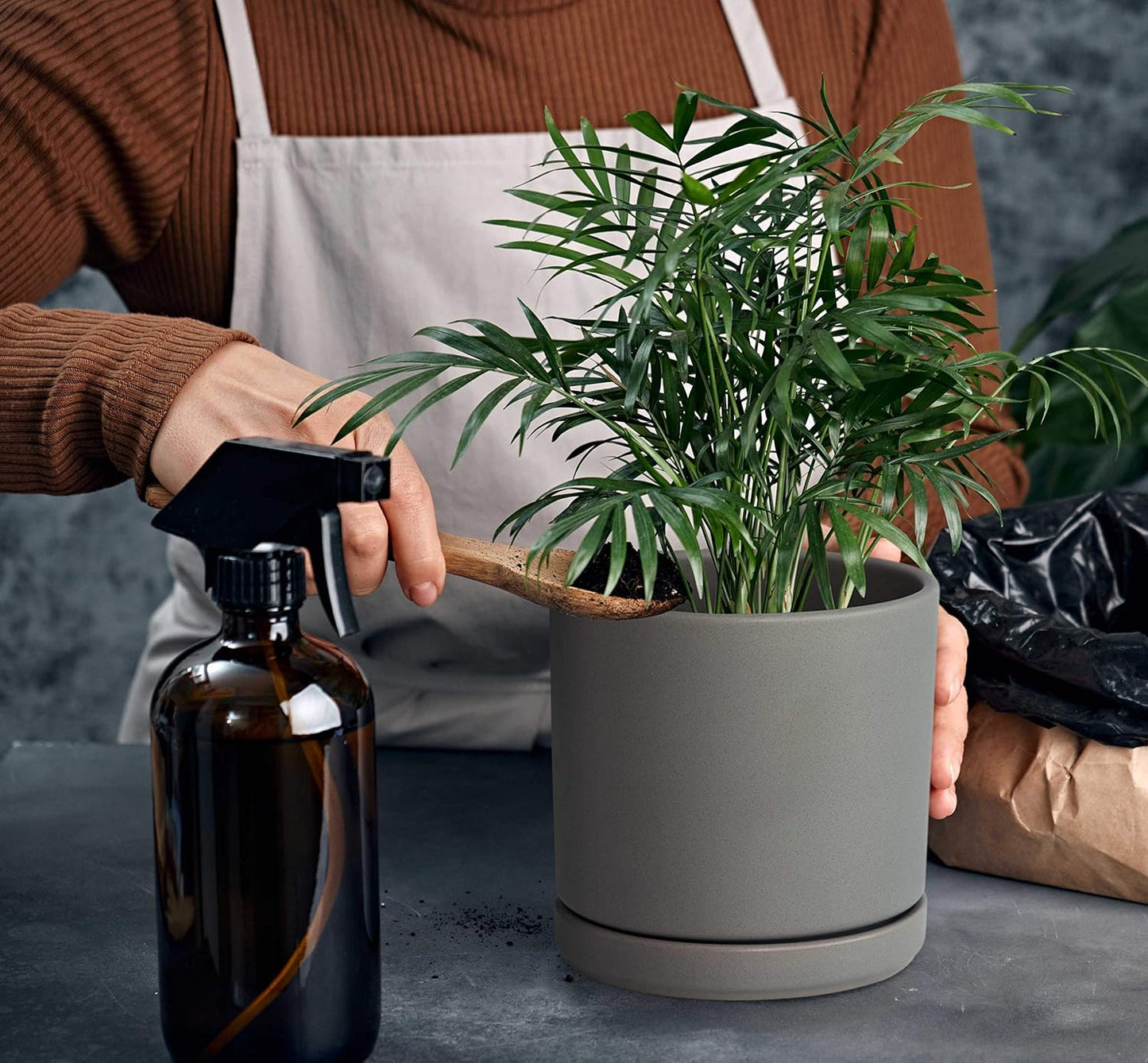 D'vine Dev Set of 2 Plants Pots, 6 Inch Ceramic Planter Pot for Plants with Drainage Hole and Saucer, Speckled Grey, 94-V-C-3