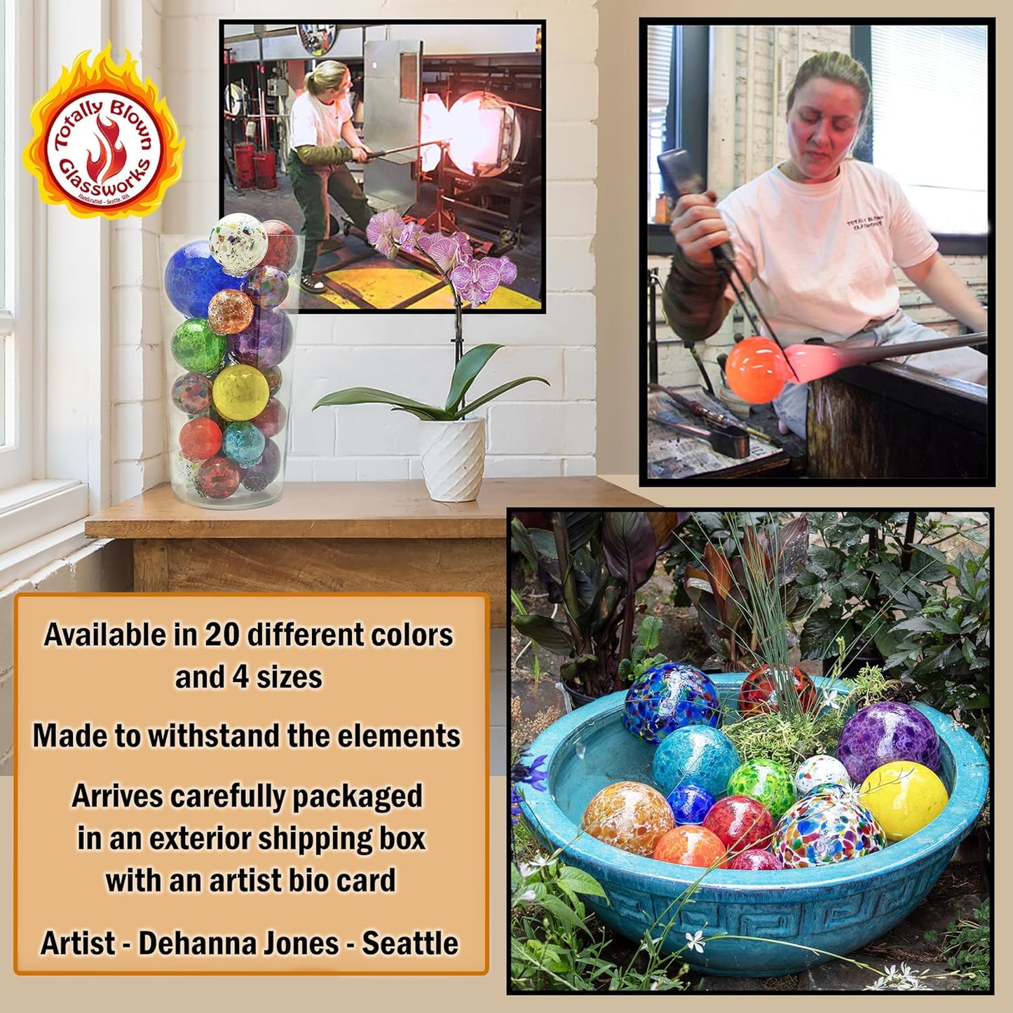 Pond Float. Handmade Blown Glass, Garden Gazing Ball, Table Centerpiece, Assorted sizes available. Home and Patio Decor. Artist Dehanna Jones. Seattle, WA. (White Rainbow MM)