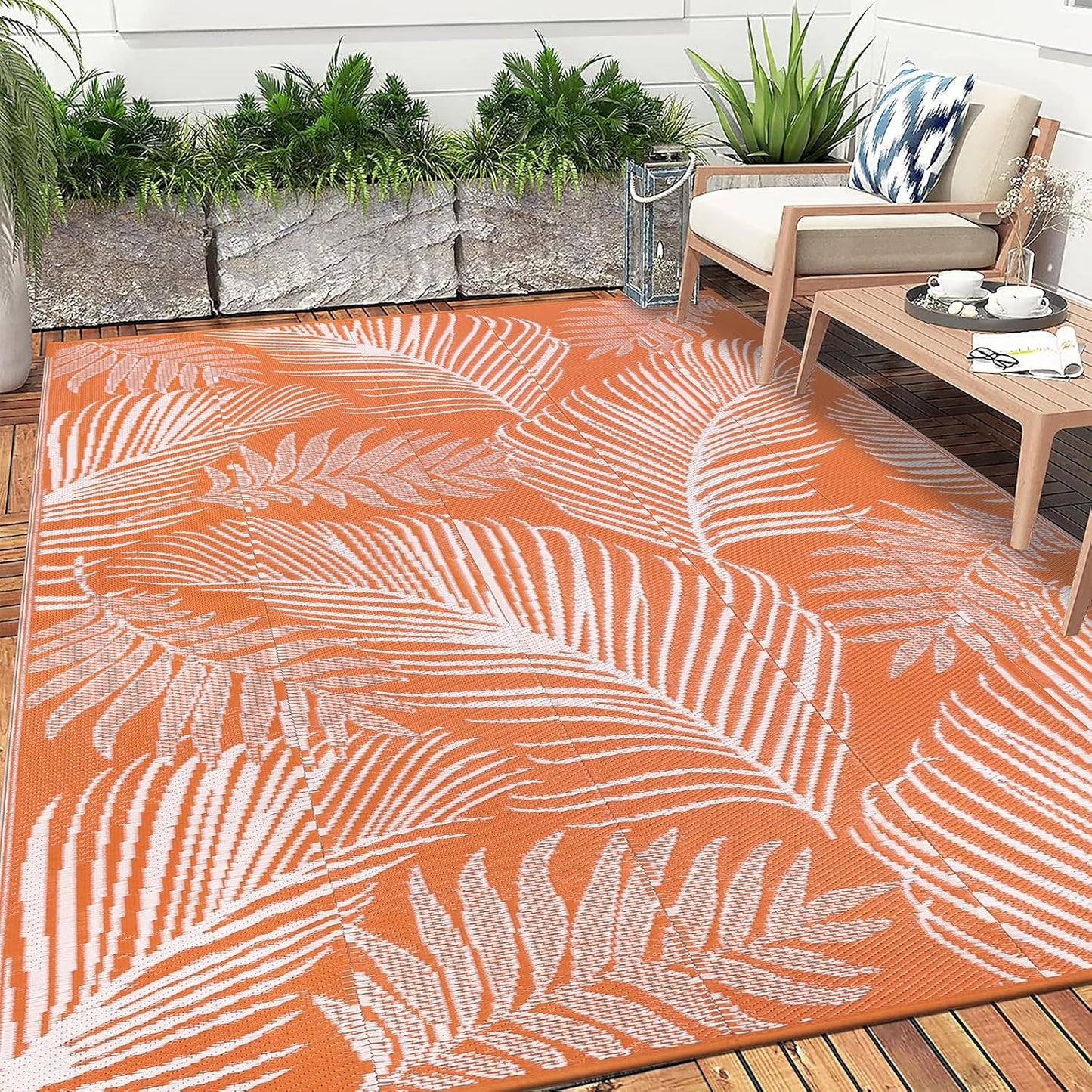 Pauwer Waterproof Outdoor Rug 6x9, Reversible Plastic Straw Patio Camping Rug, Indoor Outdoor RV Mat Carpet for Deck, Camper, Porch, Balcony, Backyard, Picnic, Leaf Orange