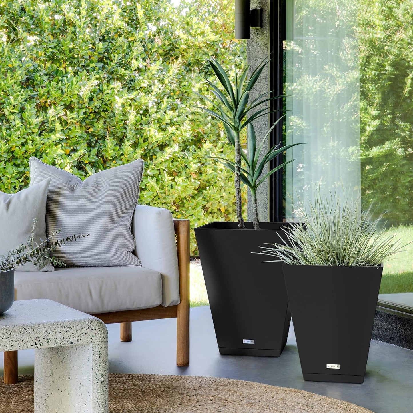 Veradek Nobleton Indoor/Outdoor Wide Square Planter (Black, 22" - 2 Pack with 2 Saucer Trays)