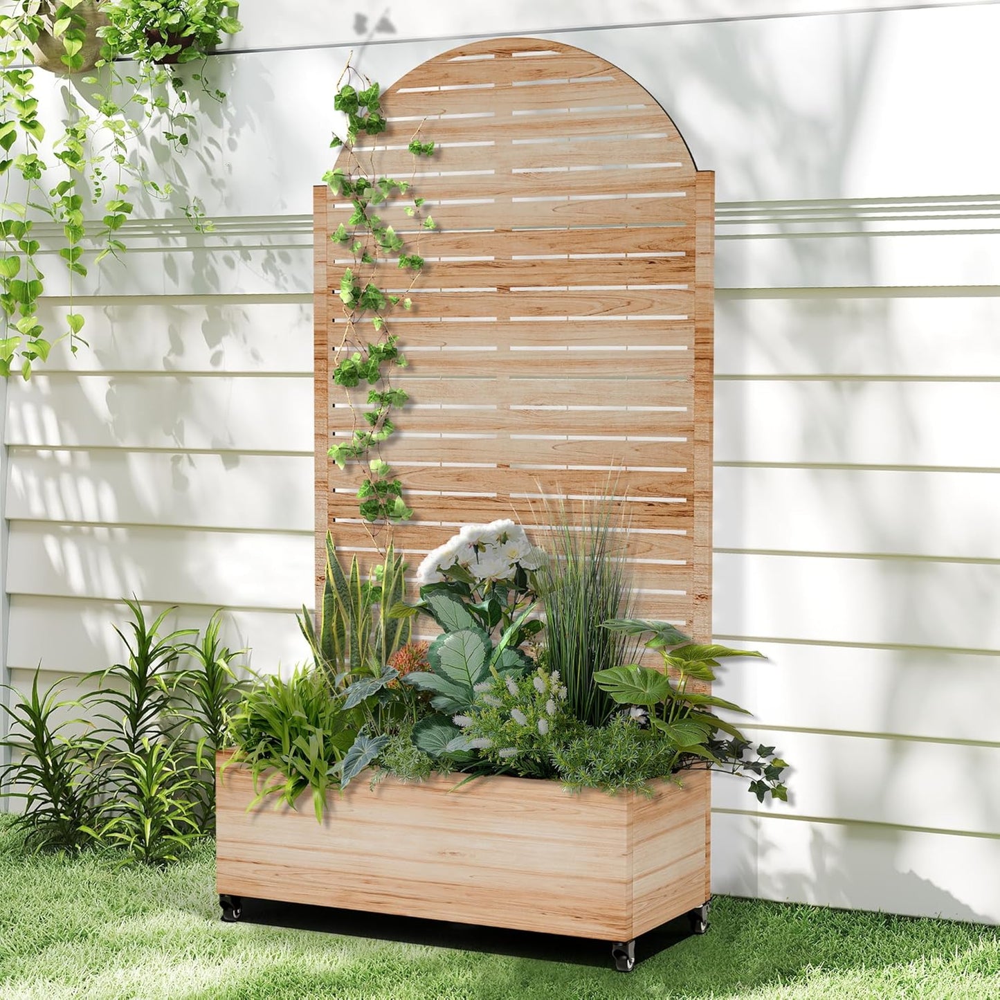 Raised Garden Bed with Arched Trellis and Wheels,73"x35"x16" Metal Raised Garden Bed,Acacia Finish Metal Planter with Climbing Trellis for Vines & Vegetables