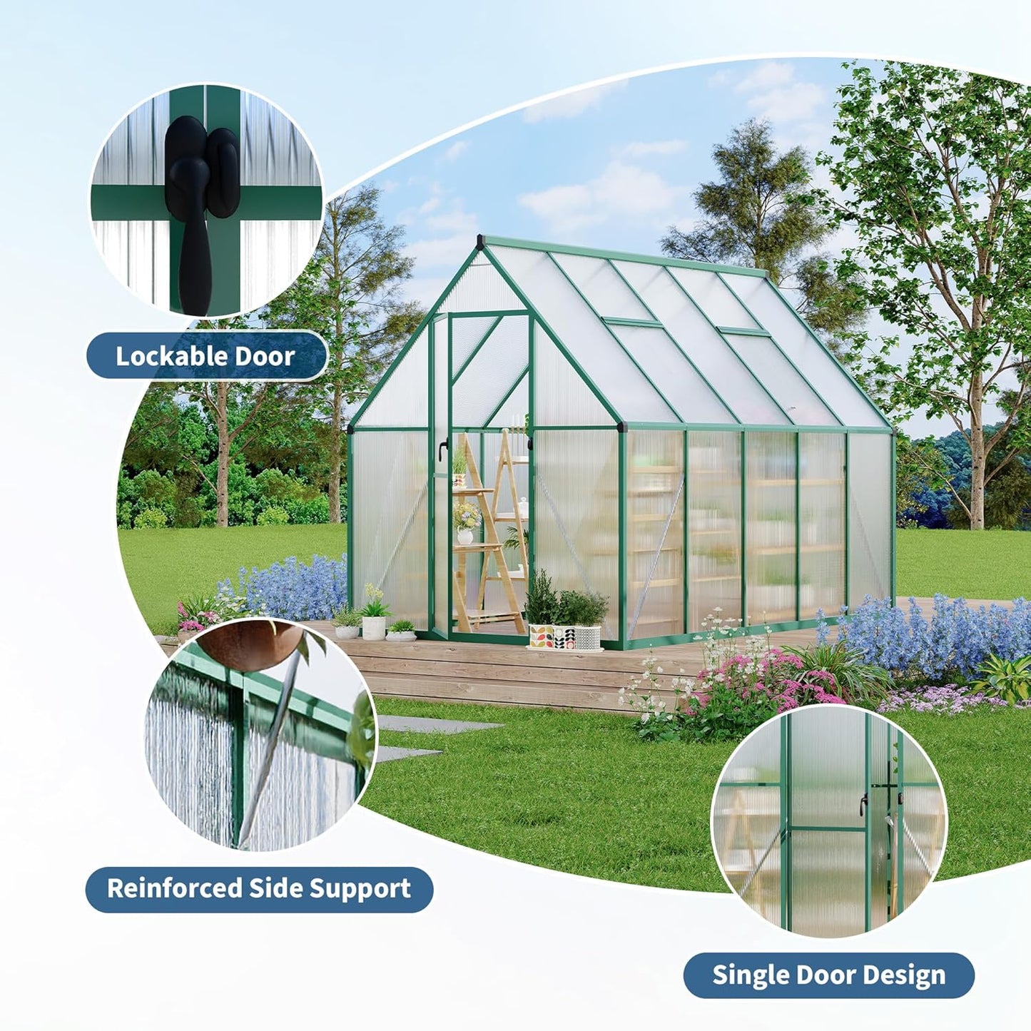 6'X9' Aluminum-Framed Polycarbonate Greenhouse, Heavy Duty Polycarbonate Greenhouse with Quick Setup Structure and Roof Vent, Large Enhanced Aluminum Greenhouses Kit for Outdoors
