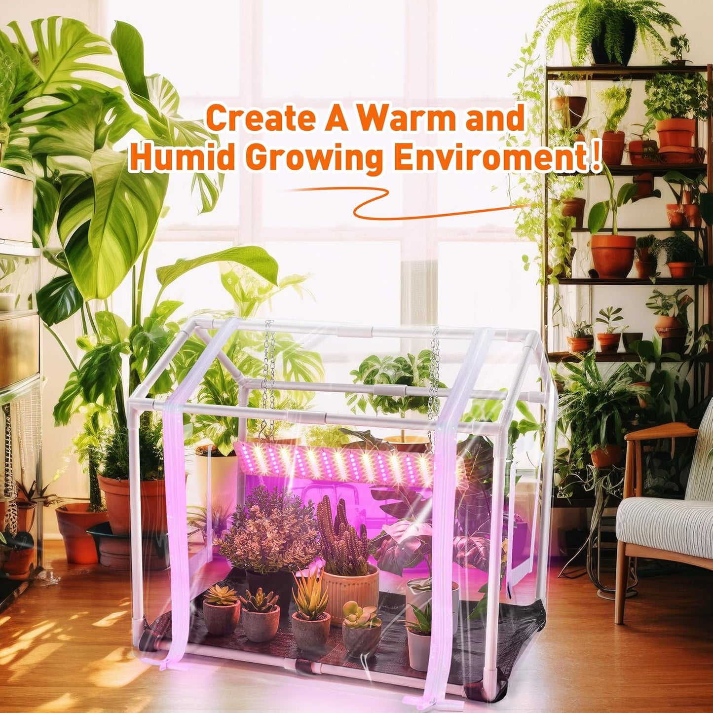 Meonum Mini Greenhouse with Grow Light for Indoor, Tabletop Small Greenhouse Kit with Bottom Mat for Waterproof, 15W Plant Dimmable LED Grow Lights and Timer, 3 Light Color Mode for Seed Starter Tray