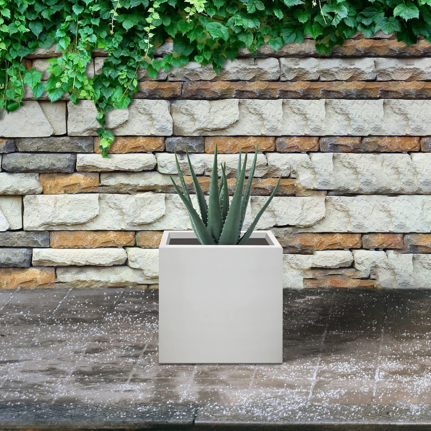 Kante 10 Inch Square Concrete Planter for Outdoor Indoor Home Patio Garden, Large Plant Pot with Drainage Hole and Rubber Plug, Pure White