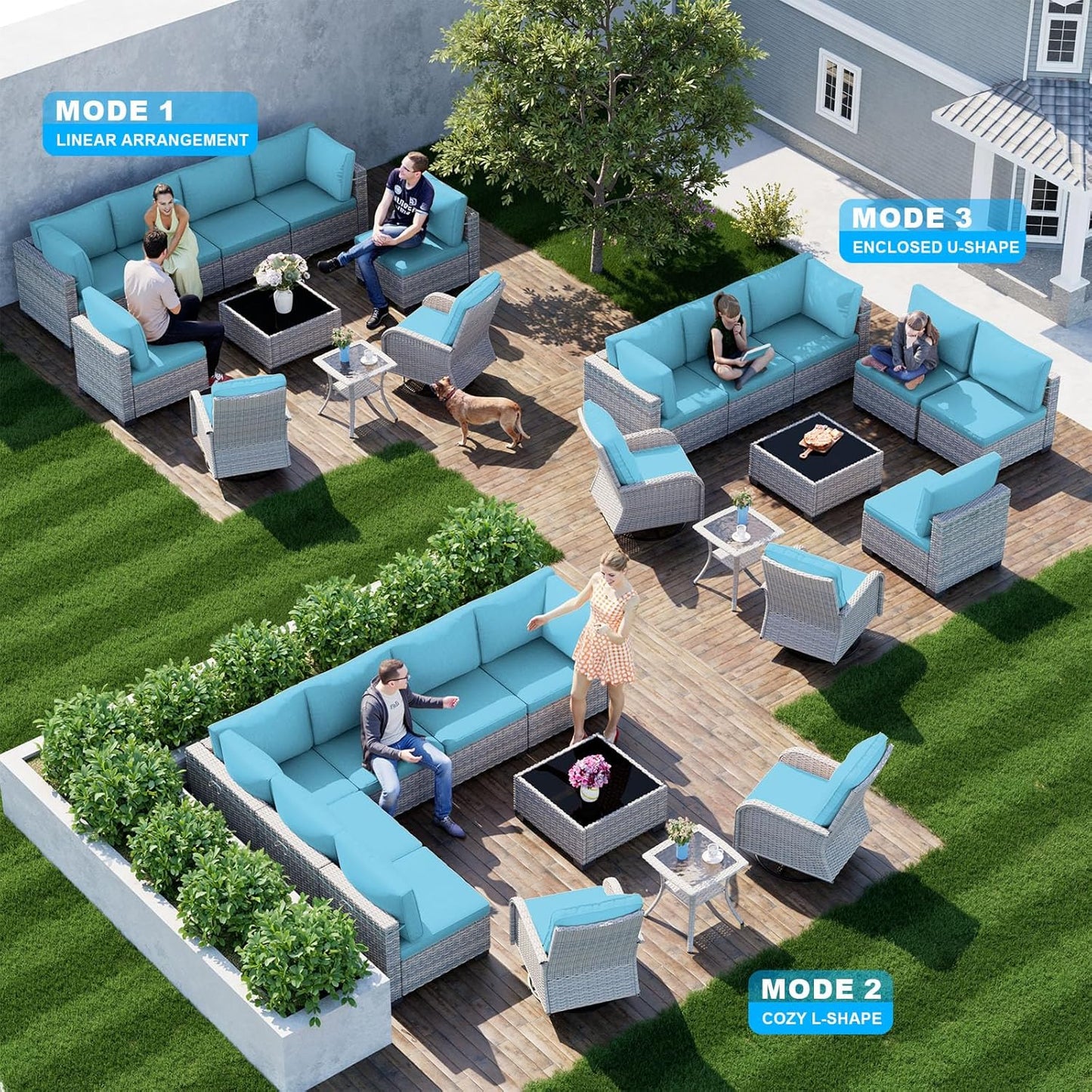 10-Piece Patio Furniture Set, Outdoor Patio Furniture with Swivel Chairs Set, Thick Cushions, Modular Patio Sofa, Dual-Strand Wicker Rattan, Rust-Resistant Frame, Lake Blue