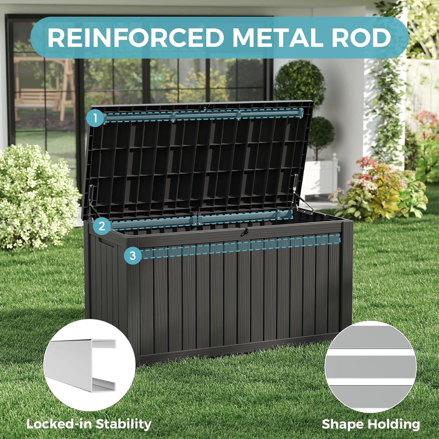 NUNU LAB 150 Gallon Outdoor Storage Box,Resin Large Sturdy Deck Box, Backyard Outside Storage Box Waterproof with Double Wall Panels,Package Delivery Garden Outdoor Hose Storage Bin