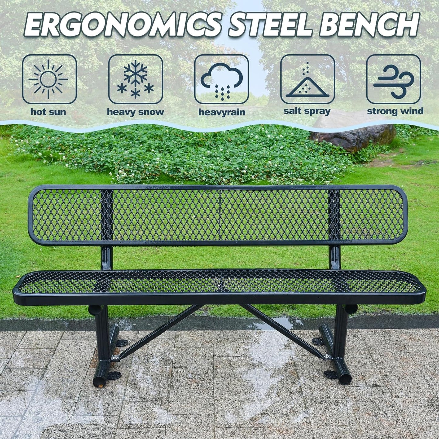 6Ft Heavy Duty Park Bench with Back Portable Frame, Outdoor Steel Bench with Backrest, Expanded Metal Mesh Bench for Lawn, Park, Deck, Garden, Patio, Porch, Black