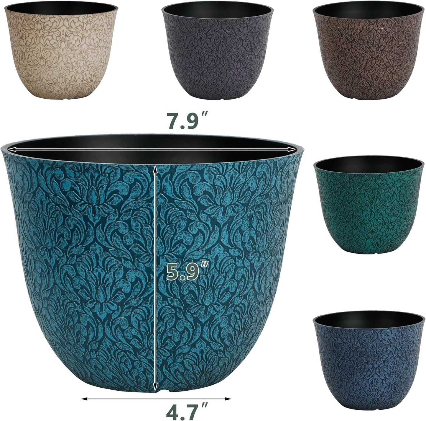 Worth Garden Plastic Round 8" Plant Pots for Indoor Plants - Set of 6 Multicolor Small Flower Pots W/Drainage Hole and Rubber Plug - Home Christmas Decorative planters Retro Floral Pattern