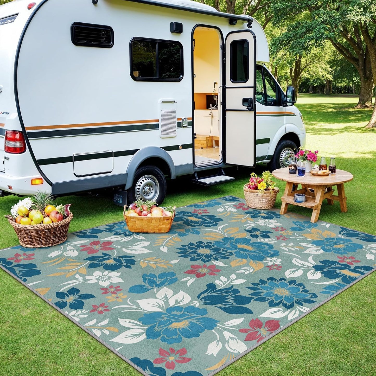 GENIMO Indoor Outdoor Area Rug 8' X 10' Waterproof, Washable Patio Rug Non Shedding, Easy Cleaning Floral Outdoor Carpet for Living Room, Bedroom, Dining Room, Balcony, Backyard, Deck, RV, Blue Grey