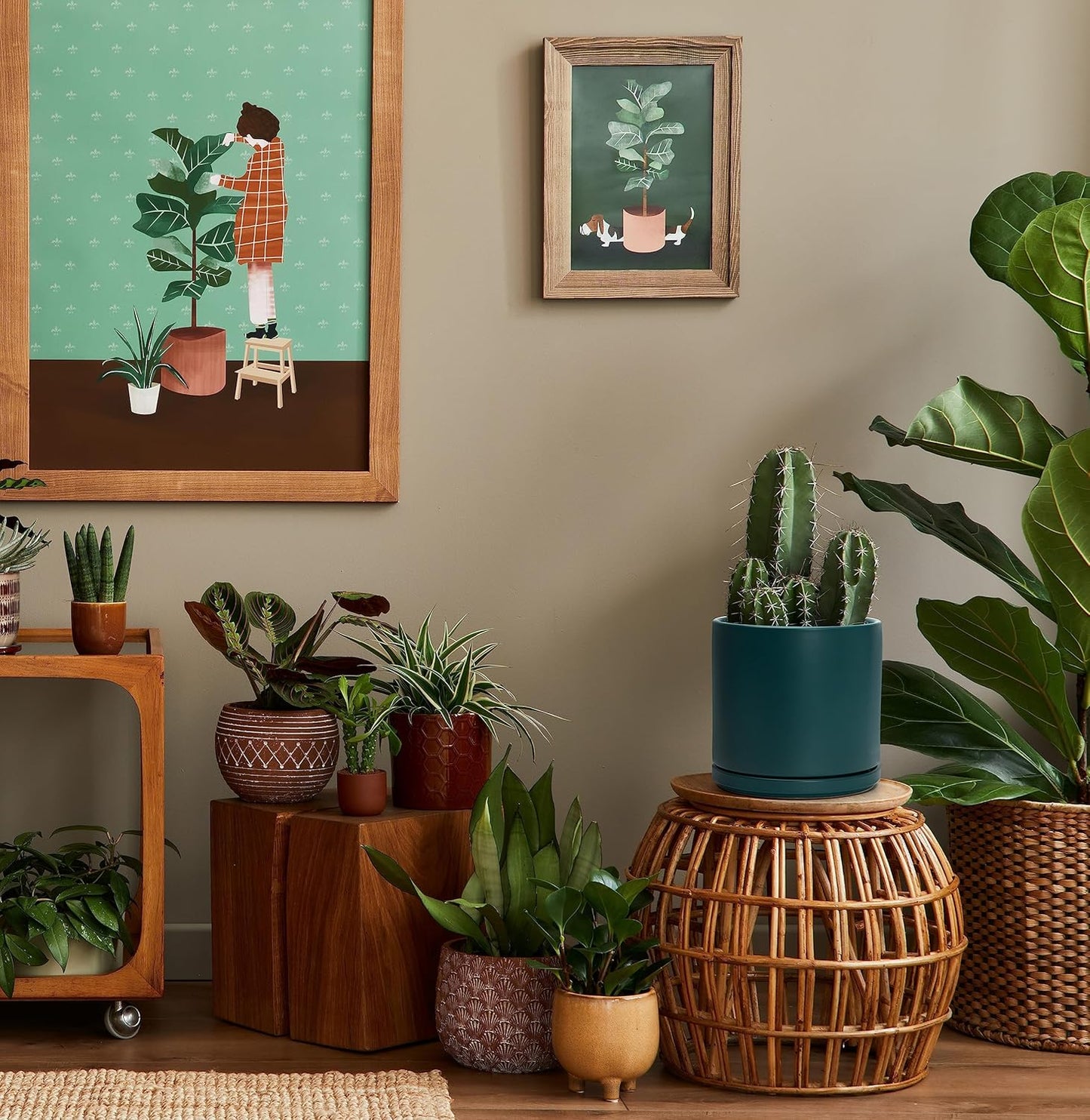 D'vine Dev 8 Inch Ceramic Planter Pot with Drainage Hole and Saucer, Indoor Cylinder Round Planter Pot, Teal, 94-O-D-9