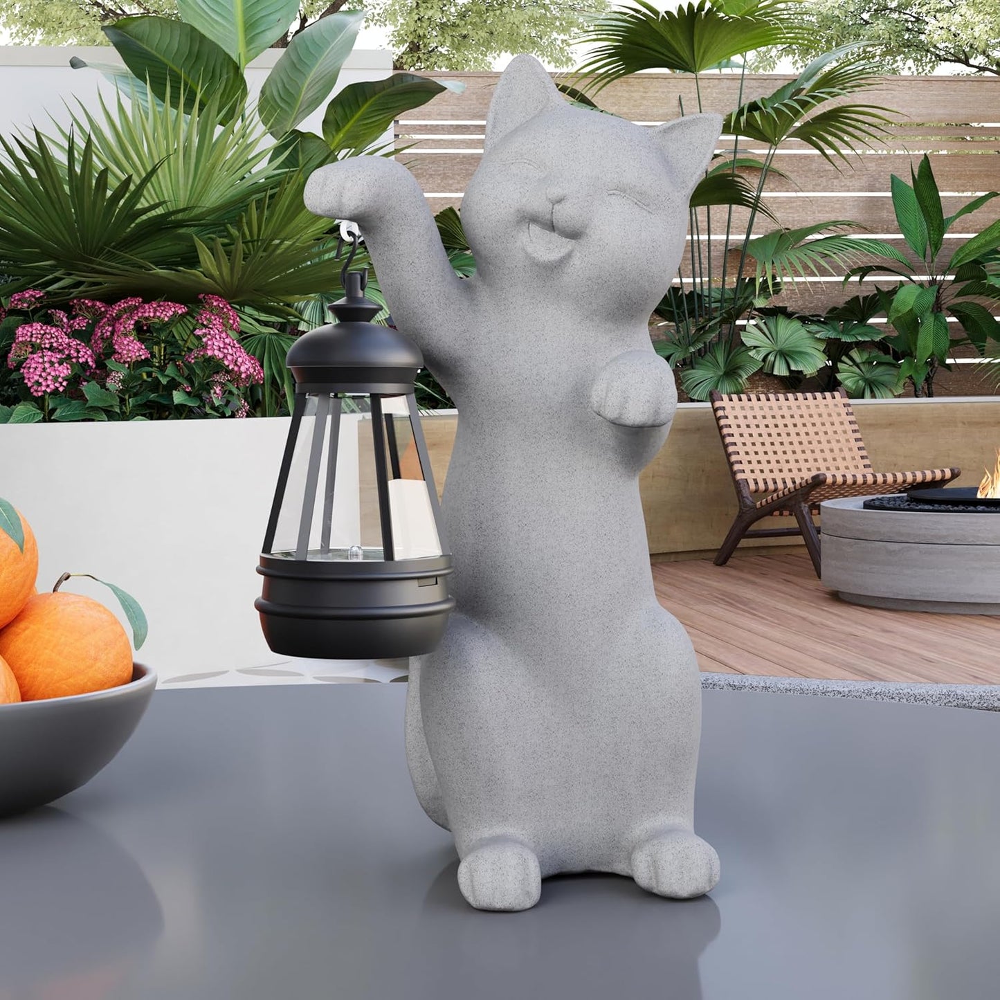 Garden Decoration, Figurine, Lawn Statue, Sculpture Ornament, Animal Figurine - Cat Resin Statue with Lantern (Hand)
