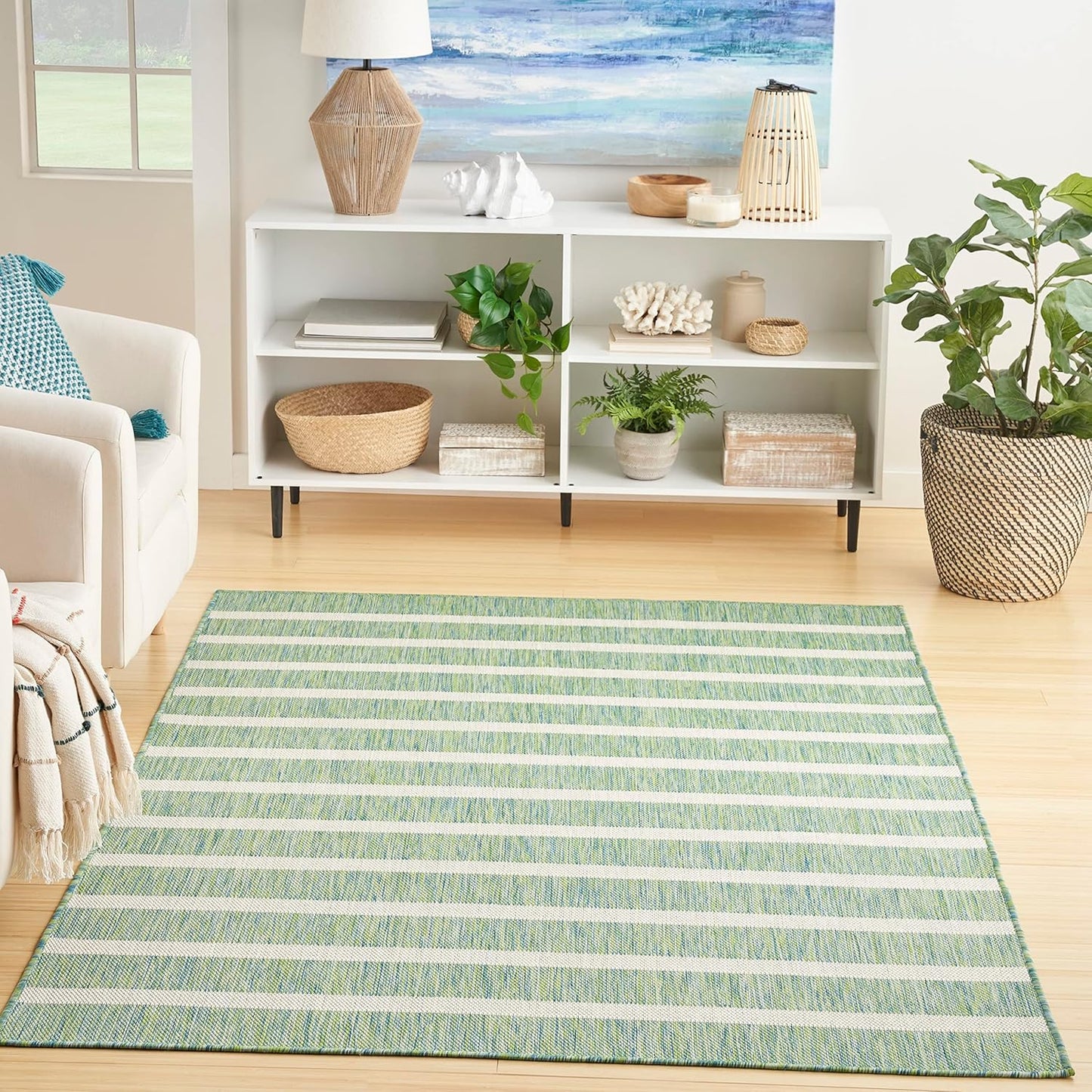 Nourison Home Positano Indoor/Outdoor Blue Green Ivory 7' x 10' Area Rug, Easy Cleaning, Non Shedding, Bed Room, Living Room, Dining Room, Deck, Backyard, Patio (7x10)