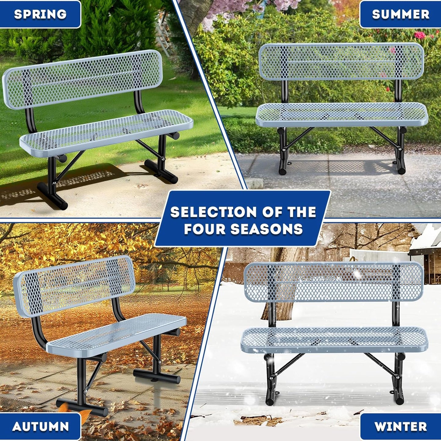 4 Feet Heavy Duty Park Bench with Back Portable Frame, Outdoor Steel Bench with Backrest, Expanded Metal Mesh Bench for Lawn, Park, Deck, Garden, Patio, Porch, Grey