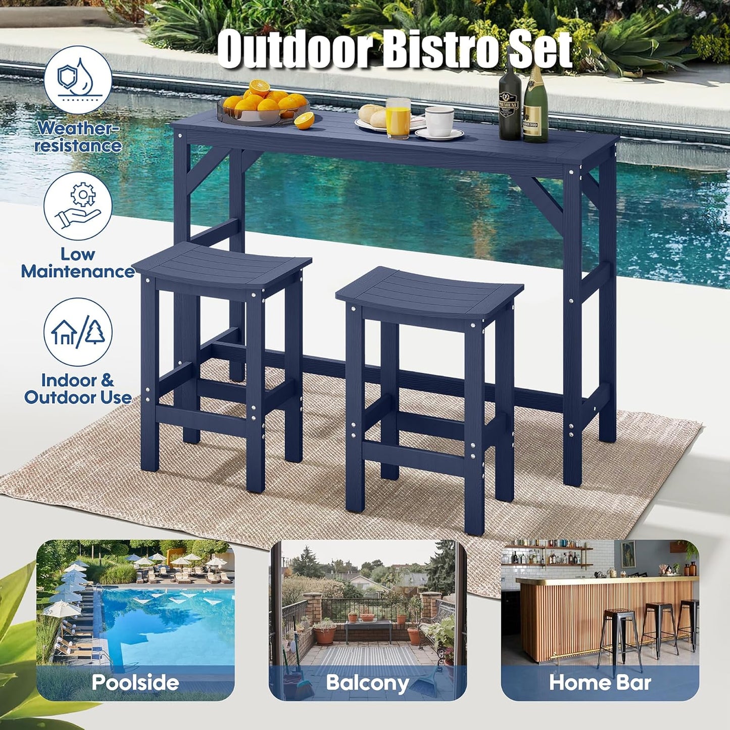 3Pcs HIPS Outdoor Patio Bar Set, All Weather HIPS Bar Table and Chairs Set for Outside, 55" Rectangular High Top Bar Table with 2 Bar Stools for Poolside, Patio, Balcony, Deck, Blue