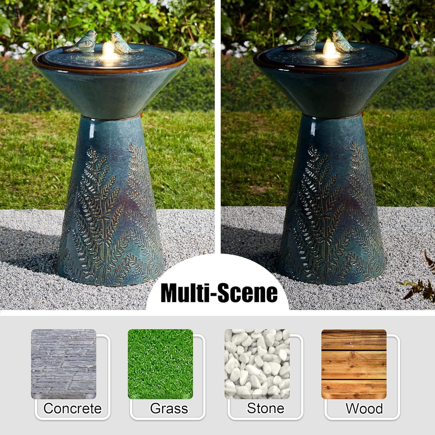 Glitzhome 27.5" H Outdoor Garden Water Fountain with LED Light and Pump, Turquoise Two Birds Embossed Pattern Pedestal Ceramic Floor-Standing Water Fountain for Yard Floor Patio Backyard