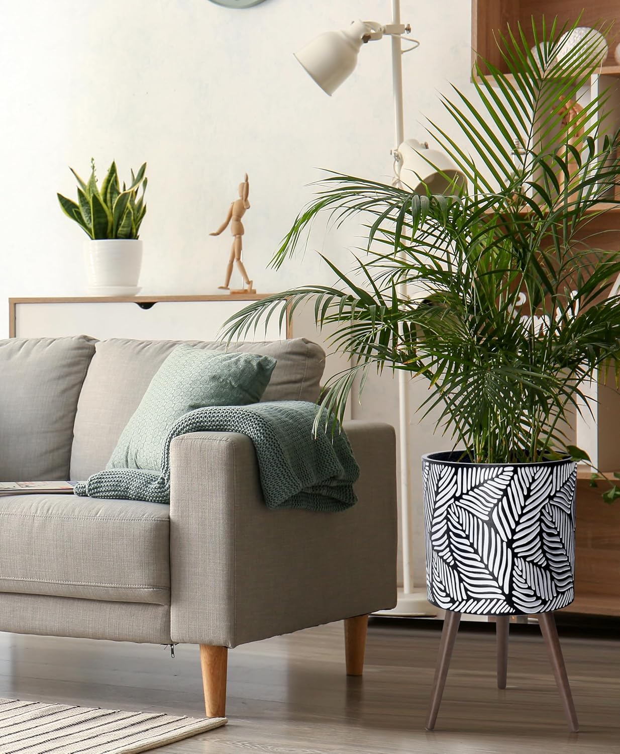 D'vine Dev 14 Inch Planter Pot with Stand, Mid-Century Tall Plant Pot with Legs for Indoor Plants, X-Large, White/Grey, 88-L-D-7