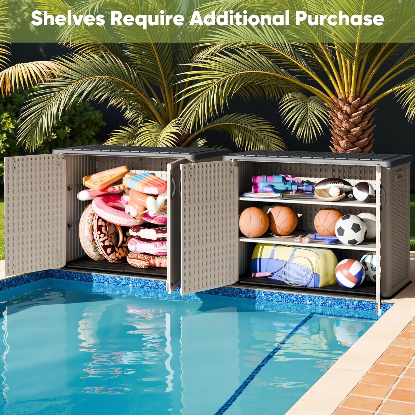 Devoko Outdoor Storage Cabinet 26 Cu Ft with Lockable Doors, Horizontal Storage Shed Waterproof Patio Tools Storage Box for Sofa Cushions, Gardening Tools and Accessories (Beige)