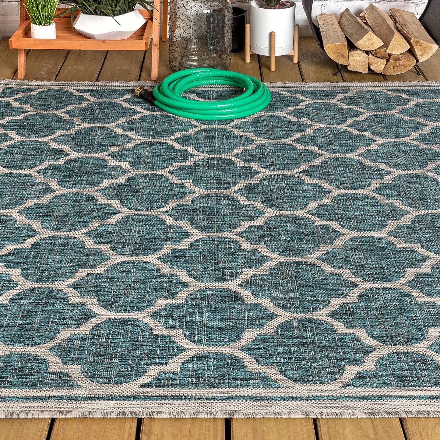 Eyely BMS109E-5 Santa Monica Trebol Moroccan Trellis Textured Weave Indoor/Outdoor Area Rug Coastal;Bohemian, Bedroom, Backyard, Patio, Easy-Cleaning, Non-Shedding, 5 X 8, Teal/Gray