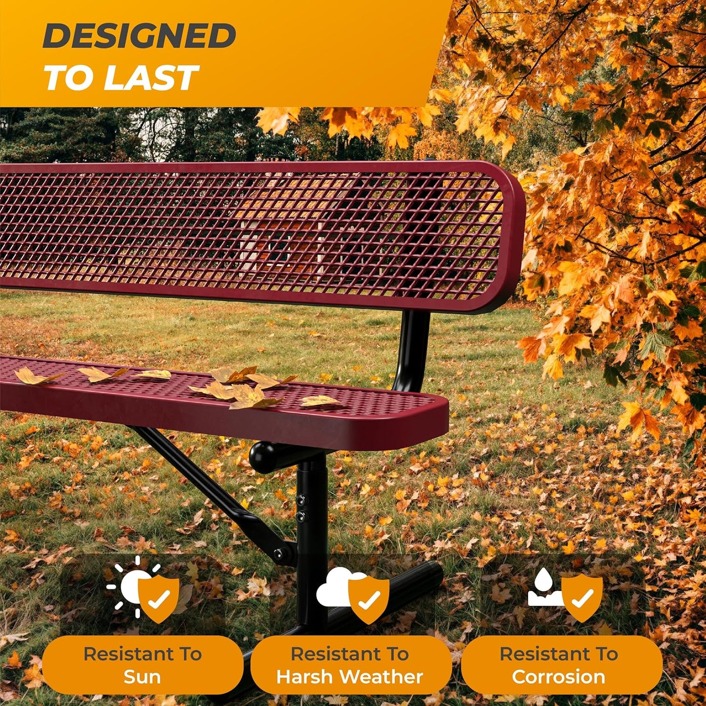 Heavy-Duty Outdoor Metal Bench, Thermoplastic-Coated, Inground, Weatherproof, Commercial-Grade for Parks, Gardens, Patios, Stores & More (8 Ft - Inground with Back, Red)