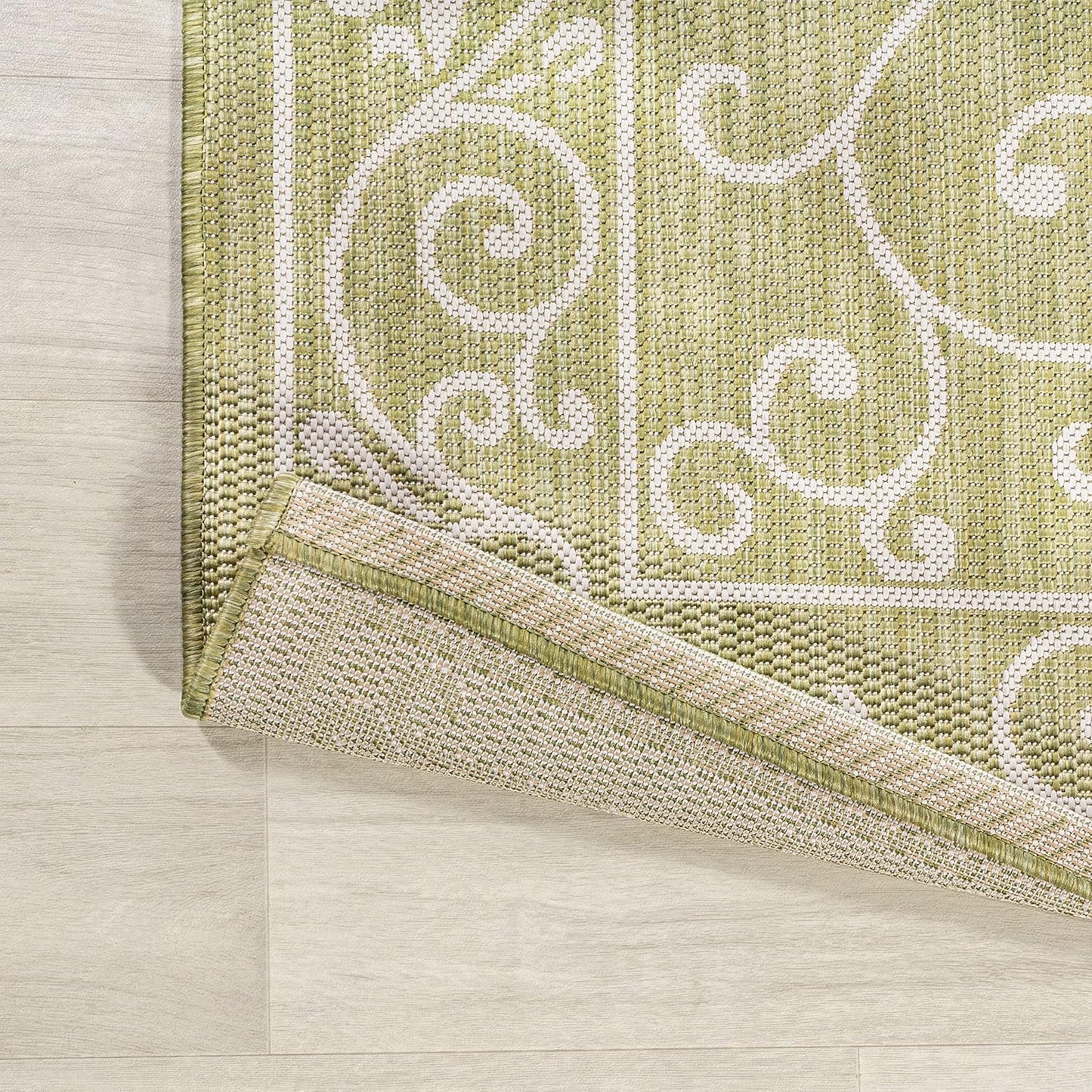 JONATHAN Y SMB106H-210 Charleston Vintage Filigree Textured Weave Indoor Outdoor Runner Rug, Coastal,Traditional,Transitional Easy Clean,Bedroom,Kitchen,Backyard,Patio, Non-Shed, Green/Cream, 2 X 10