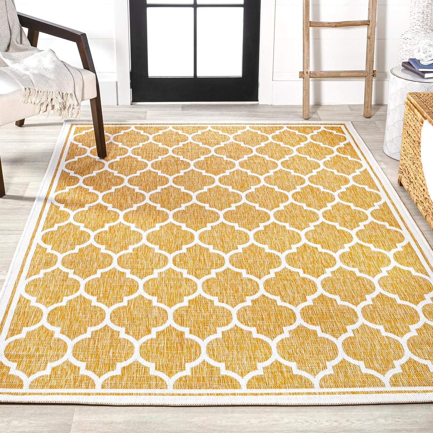 Eyely BMS109F-9 Santa Monica Trebol Moroccan Trellis Textured Weave Indoor/Outdoor Area Rug Coastal;Bohemian, Bedroom, Backyard, Patio, Easy-Cleaning, Non-Shedding, 9 X 12, Yellow/Cream